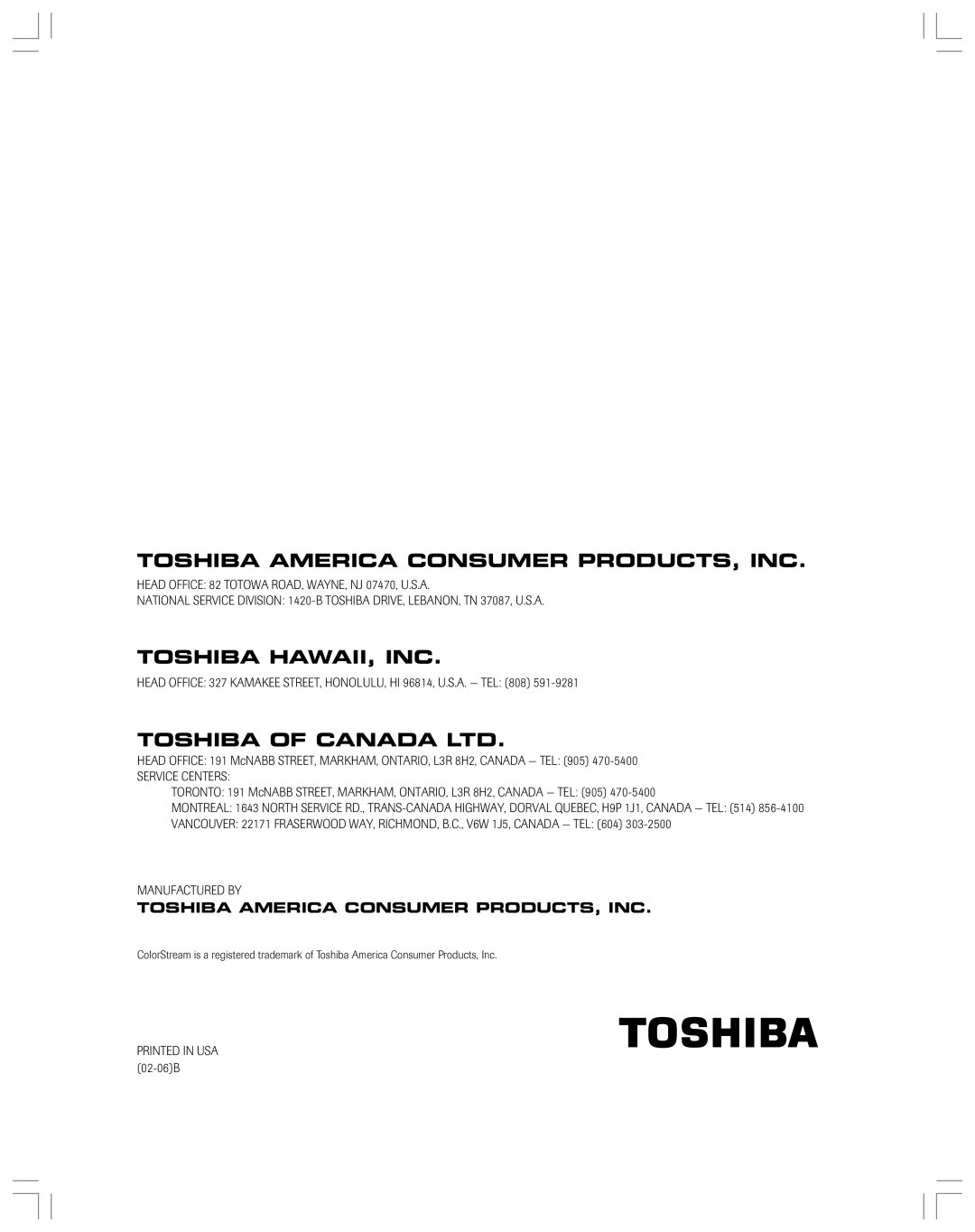 Toshiba 36AF12 owner manual Toshiba America Consumer PRODUCTS, INC 