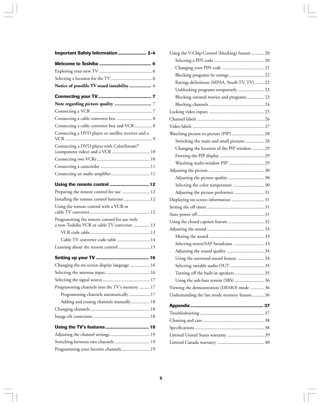 Toshiba 36AF12 owner manual Important Safety Information 