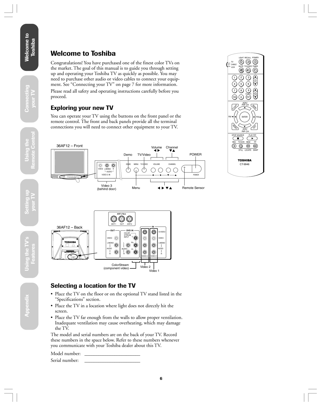 Toshiba 36AF12 owner manual Exploring your new TV, Selecting a location for the TV, Model number Serial number 