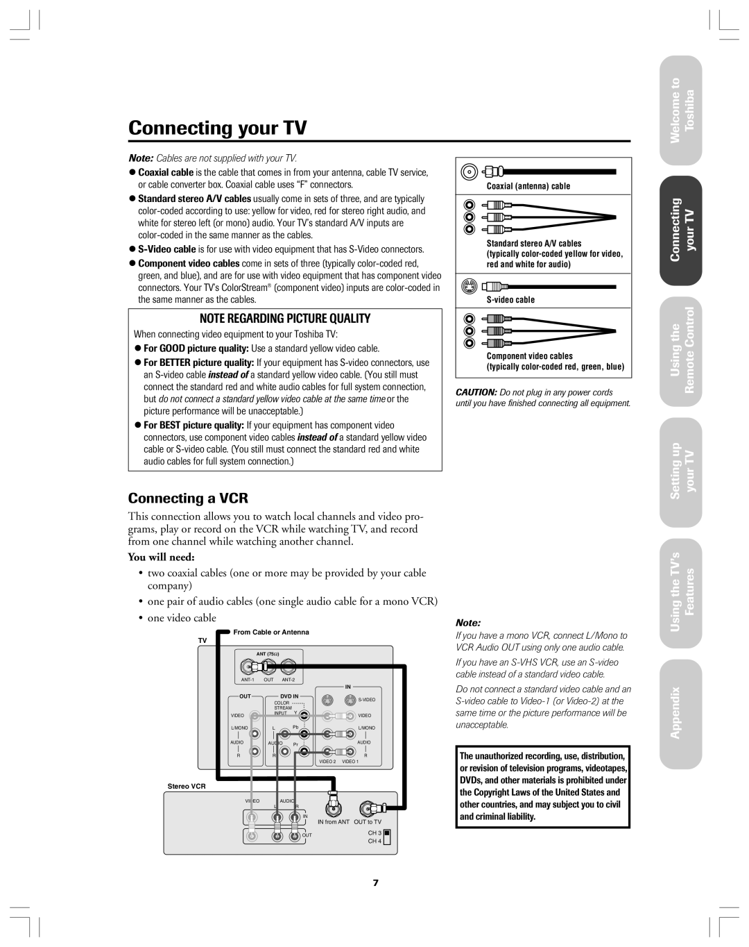 Toshiba 36AF12 owner manual Connecting a VCR, You will need 