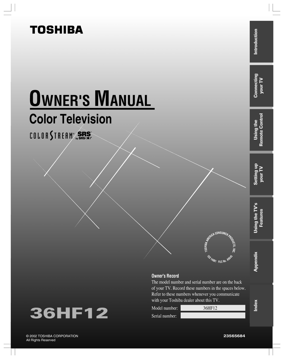 Toshiba 36HF12 owner manual 