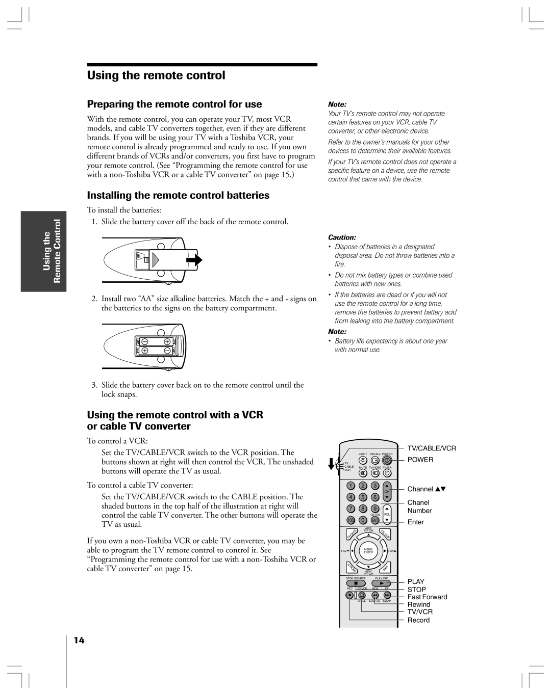 Toshiba 36HF12 Using the remote control, Preparing the remote control for use, Installing the remote control batteries 