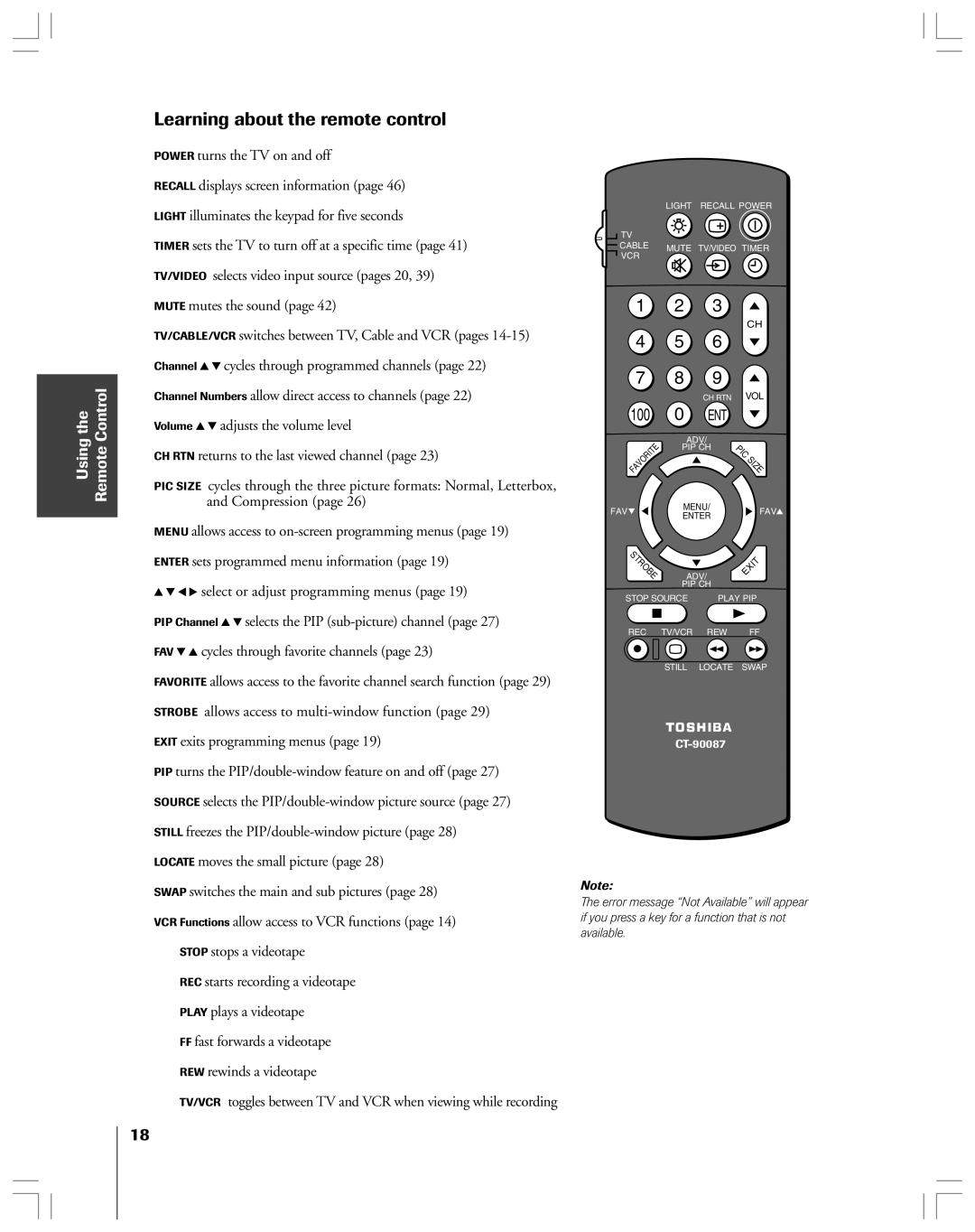 Toshiba 36HF12 owner manual Learning about the remote control, Exit exits programming menus 