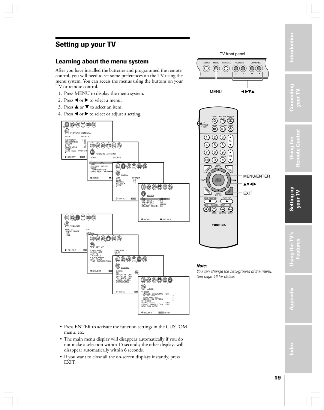 Toshiba 36HF12 Setting up your TV, Learning about the menu system, Introduction Connecting YourTV, UsingtheTV’s Features 