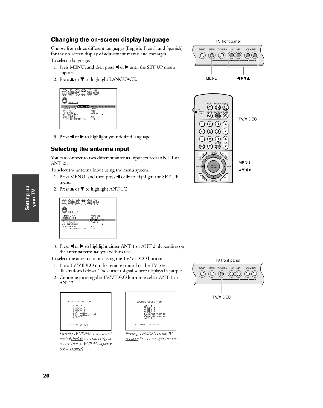 Toshiba 36HF12 owner manual Changing the on-screen display language, Selecting the antenna input, Setting up your TV 