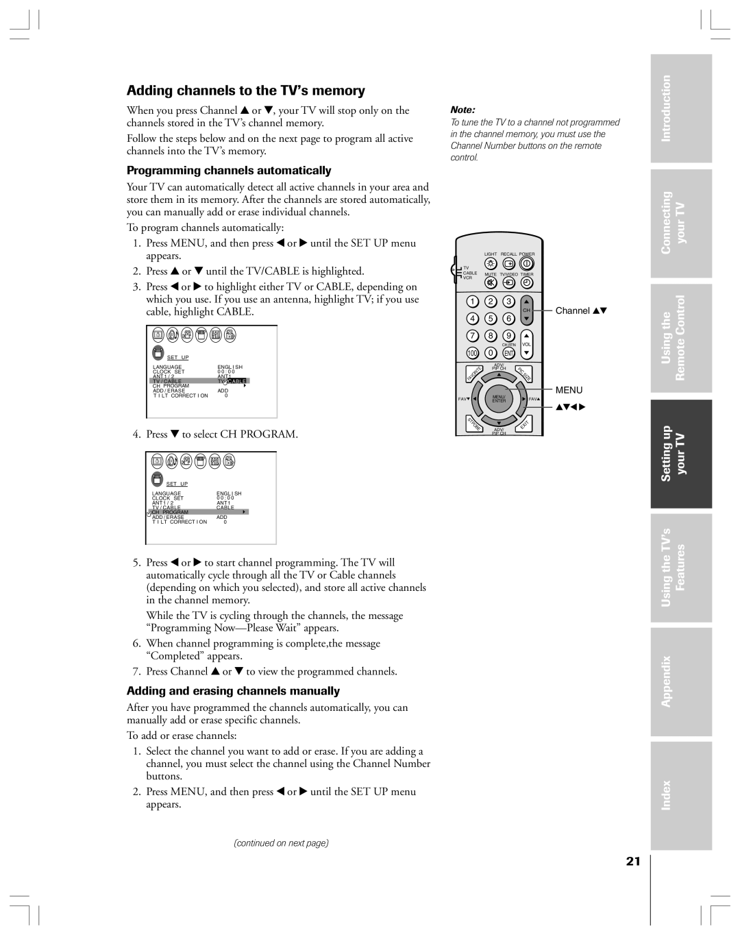 Toshiba 36HF12 Adding channels to the TV’s memory, Programming channels automatically, Press z to select CH Program 