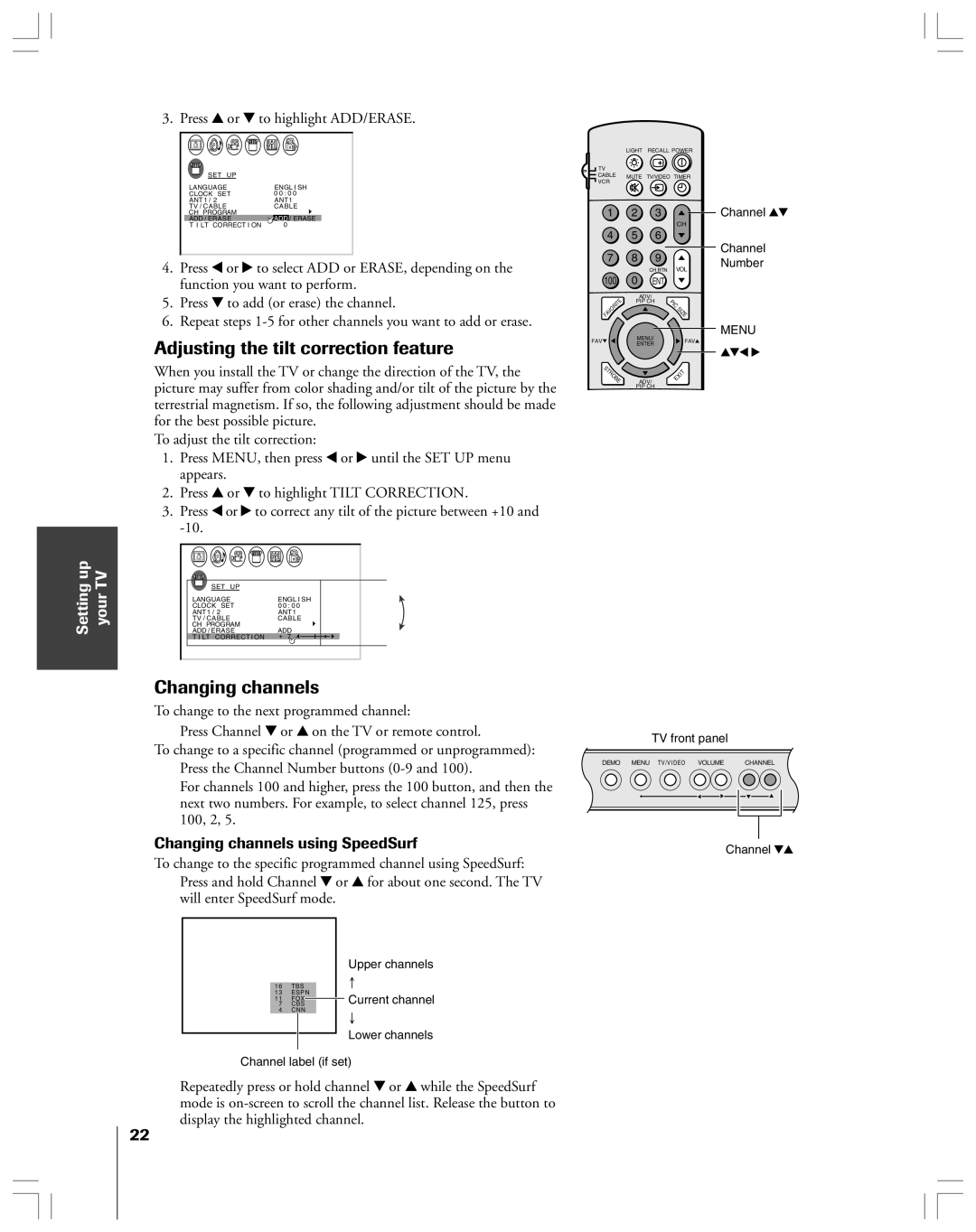 Toshiba 36HF12 owner manual Adjusting the tilt correction feature, Changing channels using SpeedSurf 