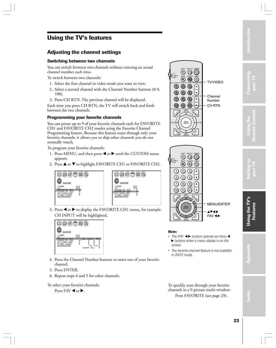 Toshiba 36HF12 Using the TV’s features, Adjusting the channel settings, Switching between two channels, Press Favorite see 