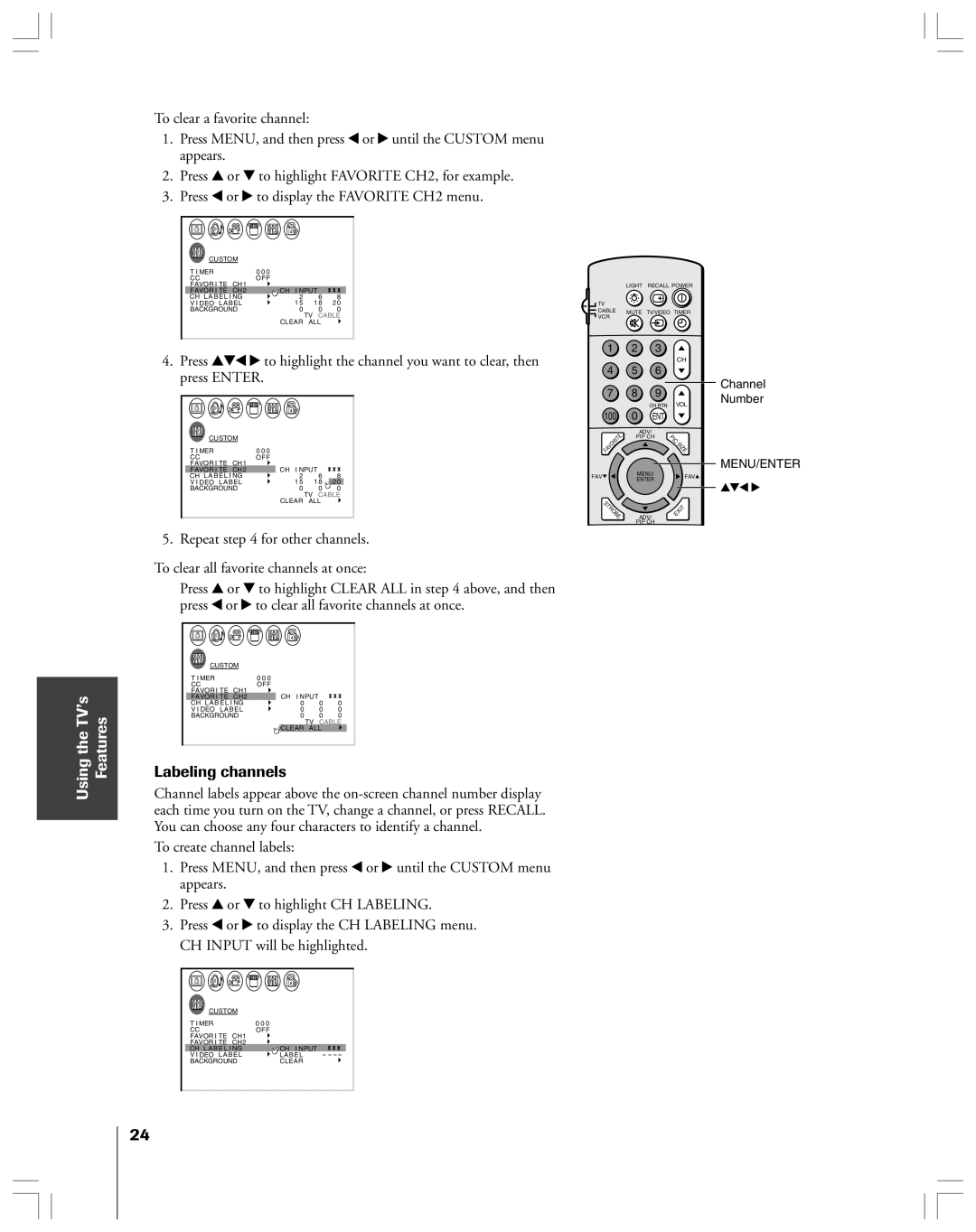 Toshiba 36HF12 owner manual Using the TV’s Features, Labeling channels 