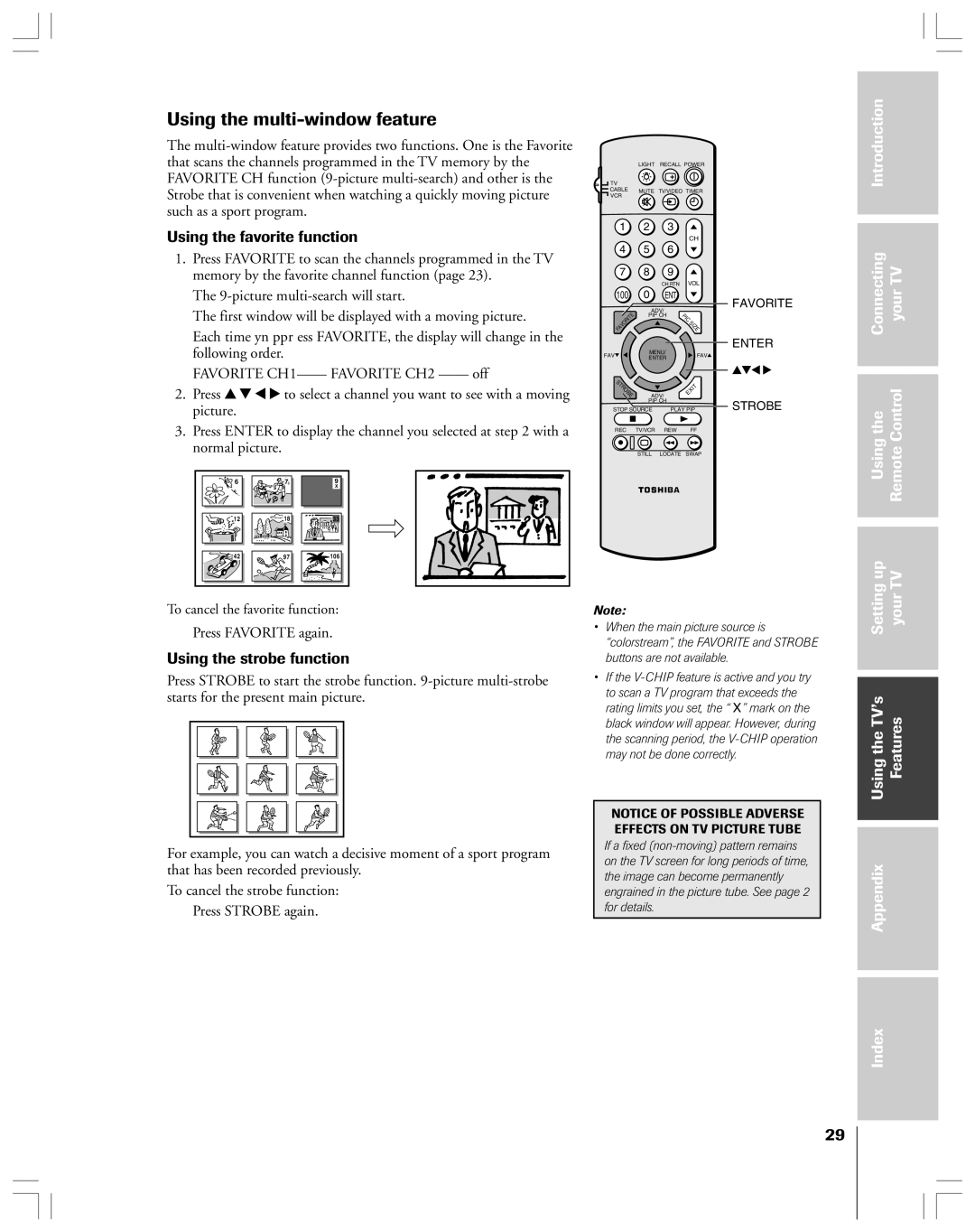 Toshiba 36HF12 owner manual Using the multi-window feature, Using the favorite function, Using the strobe function 