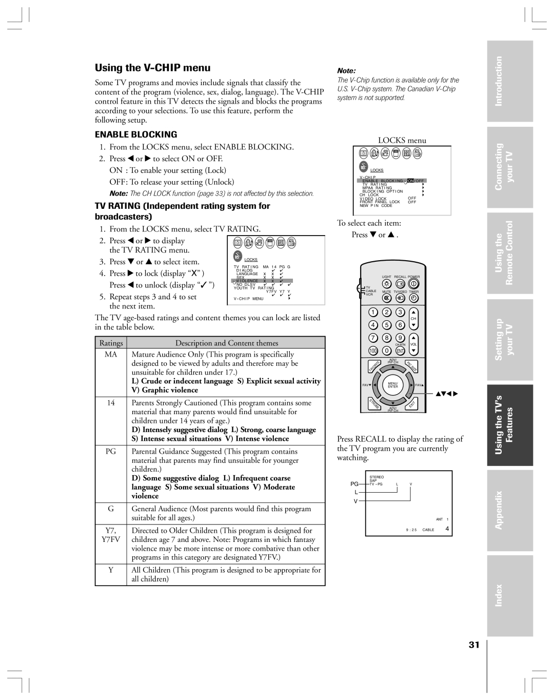 Toshiba 36HF12 owner manual Using the V-CHIP menu, TV Rating Independent rating system for broadcasters, Usingthe Remote 