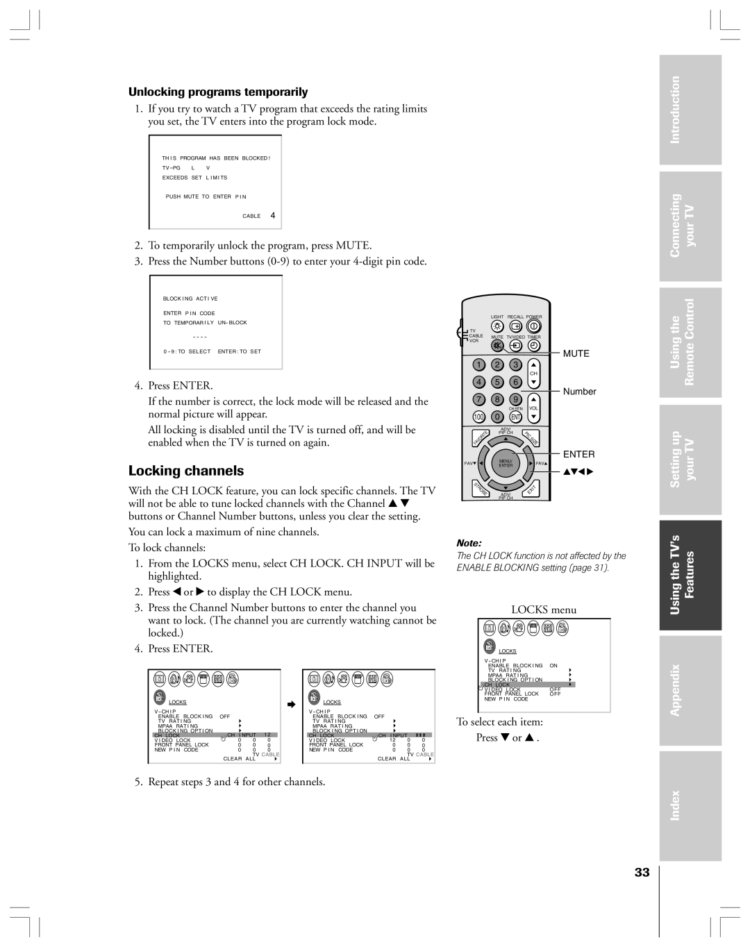 Toshiba 36HF12 owner manual Locking channels, Unlocking programs temporarily, Repeat steps 3 and 4 for other channels 