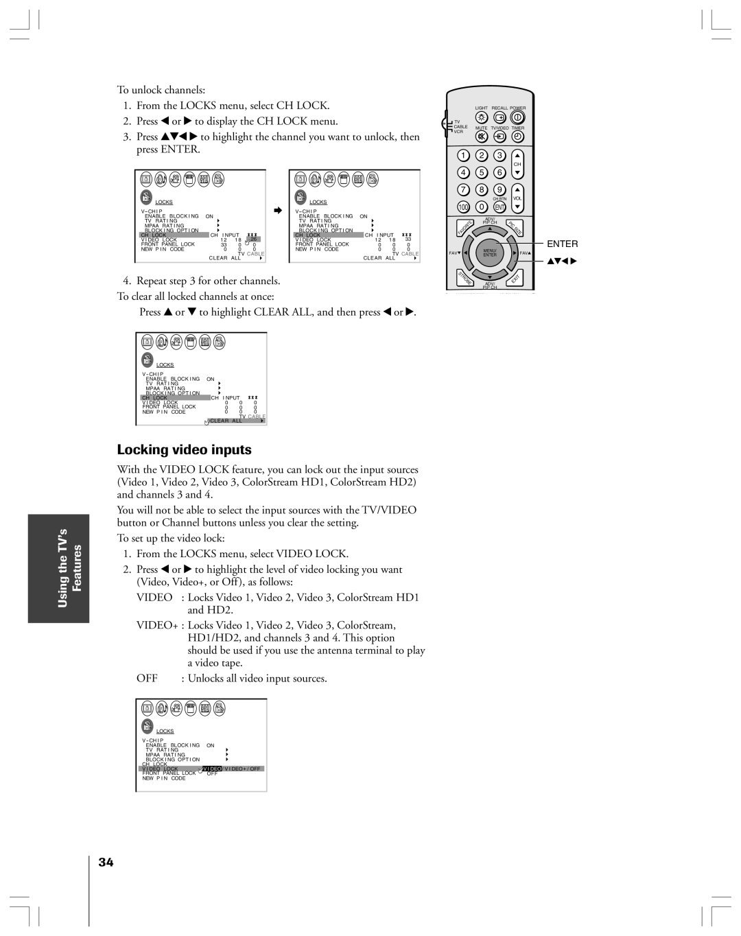 Toshiba 36HF12 owner manual Locking video inputs, Press y or z to highlight Clear ALL, and then press x or 