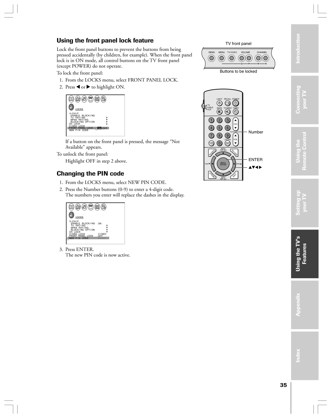 Toshiba 36HF12 Using the front panel lock feature, Changing the PIN code, Press Enter New PIN code is now active 