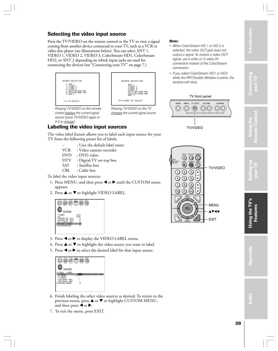 Toshiba 36HF12 owner manual Selecting the video input source, Labeling the video input sources, Connecting YourTV Control 