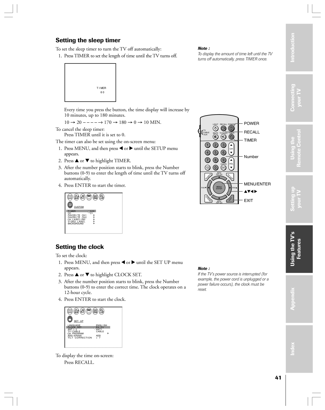 Toshiba 36HF12 owner manual Setting the sleep timer, Setting the clock, To set the clock 