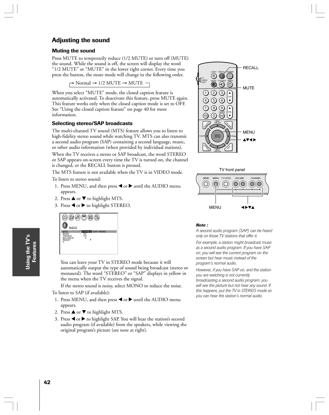 Toshiba 36HF12 owner manual Adjusting the sound, Muting the sound, Selecting stereo/SAP broadcasts 