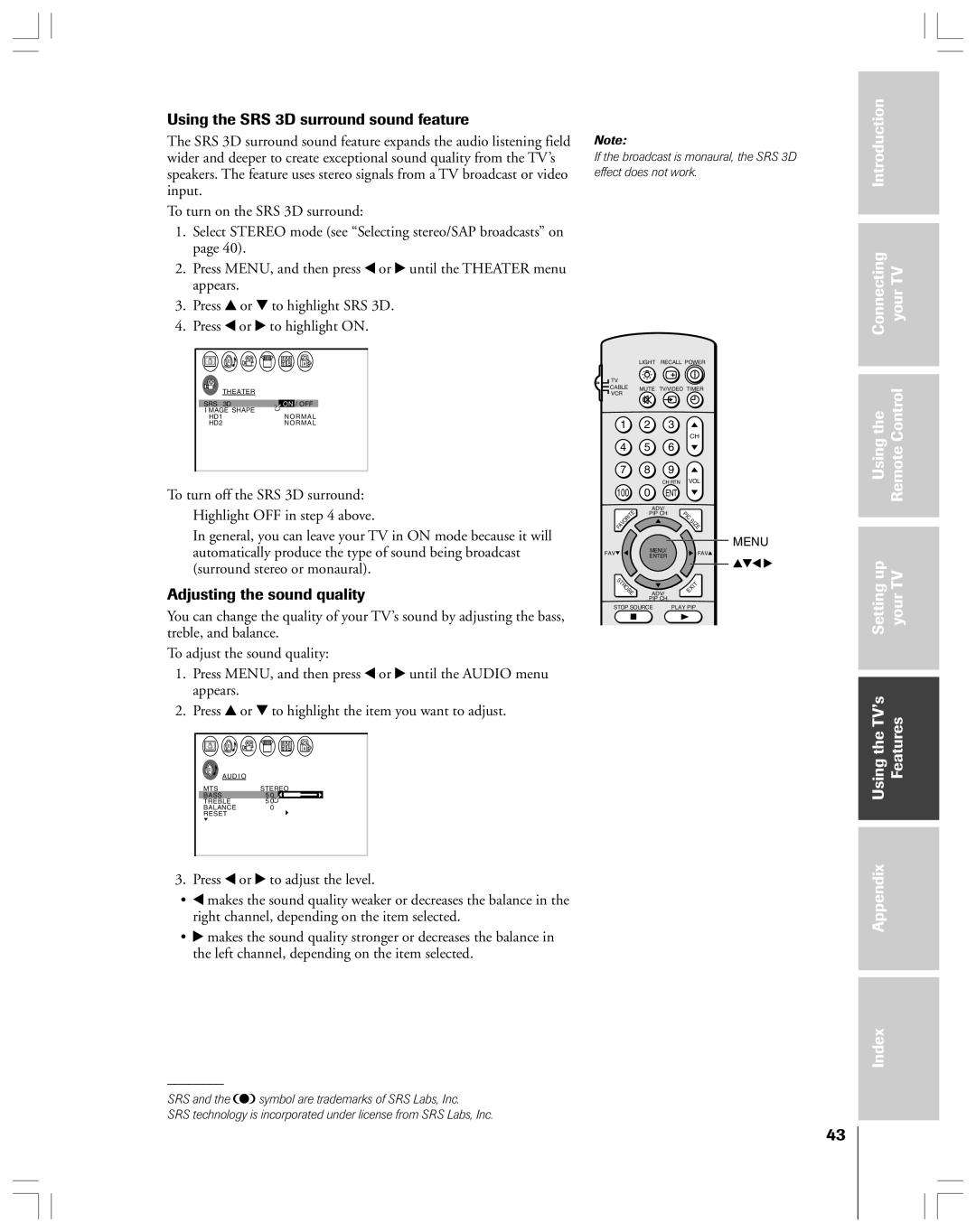 Toshiba 36HF12 owner manual Using the SRS 3D surround sound feature, Adjusting the sound quality 