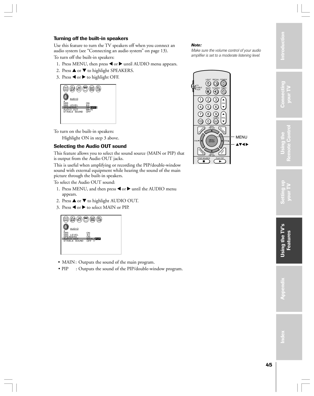 Toshiba 36HF12 owner manual Turning off the built-in speakers, Selecting the Audio OUT sound 