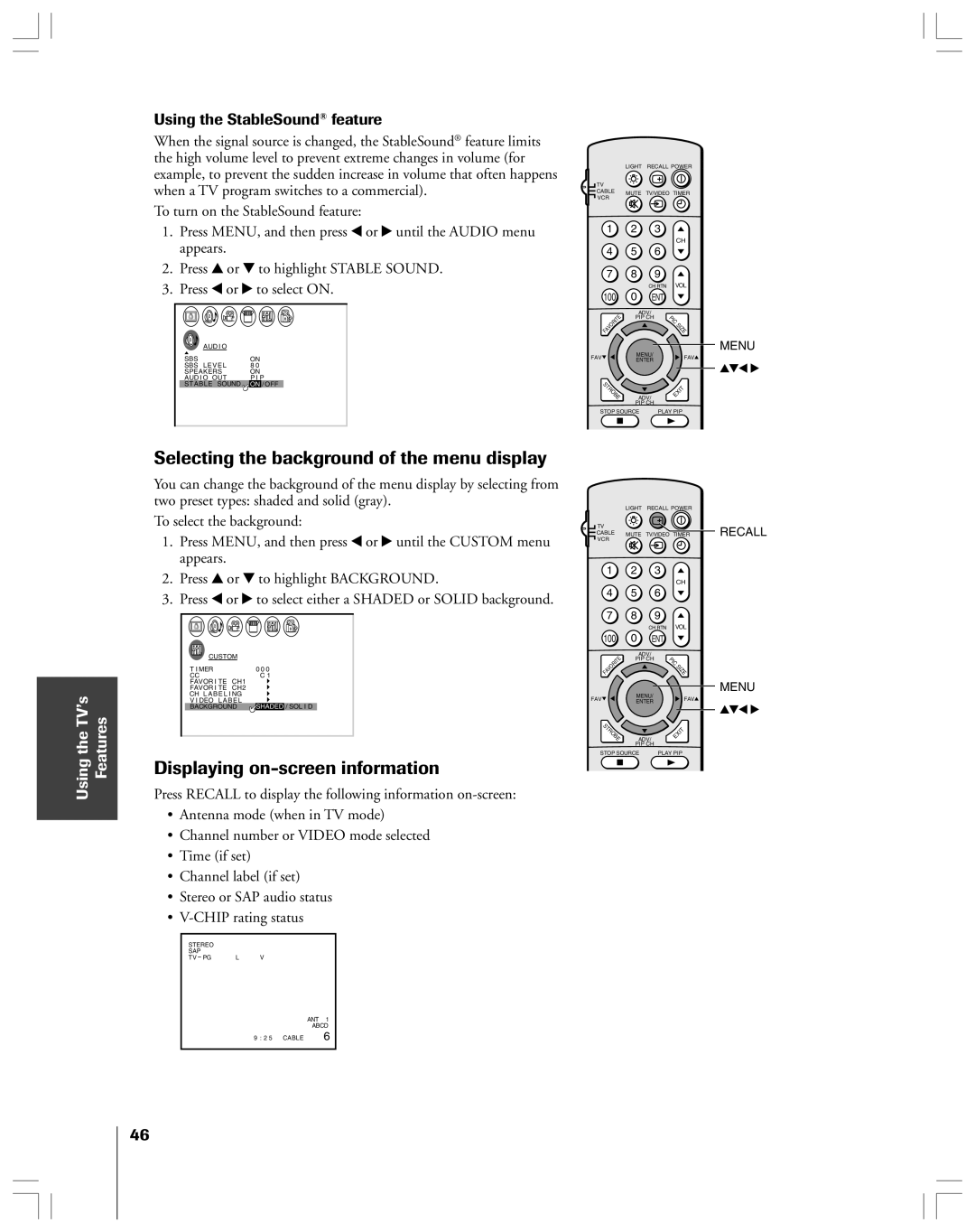 Toshiba 36HF12 owner manual Selecting the background of the menu display, Displaying on-screen information 