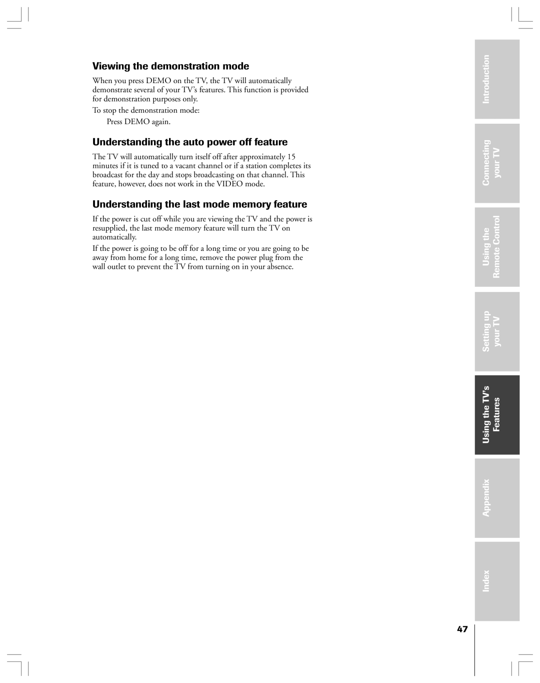 Toshiba 36HF12 owner manual Viewing the demonstration mode, Understanding the auto power off feature 