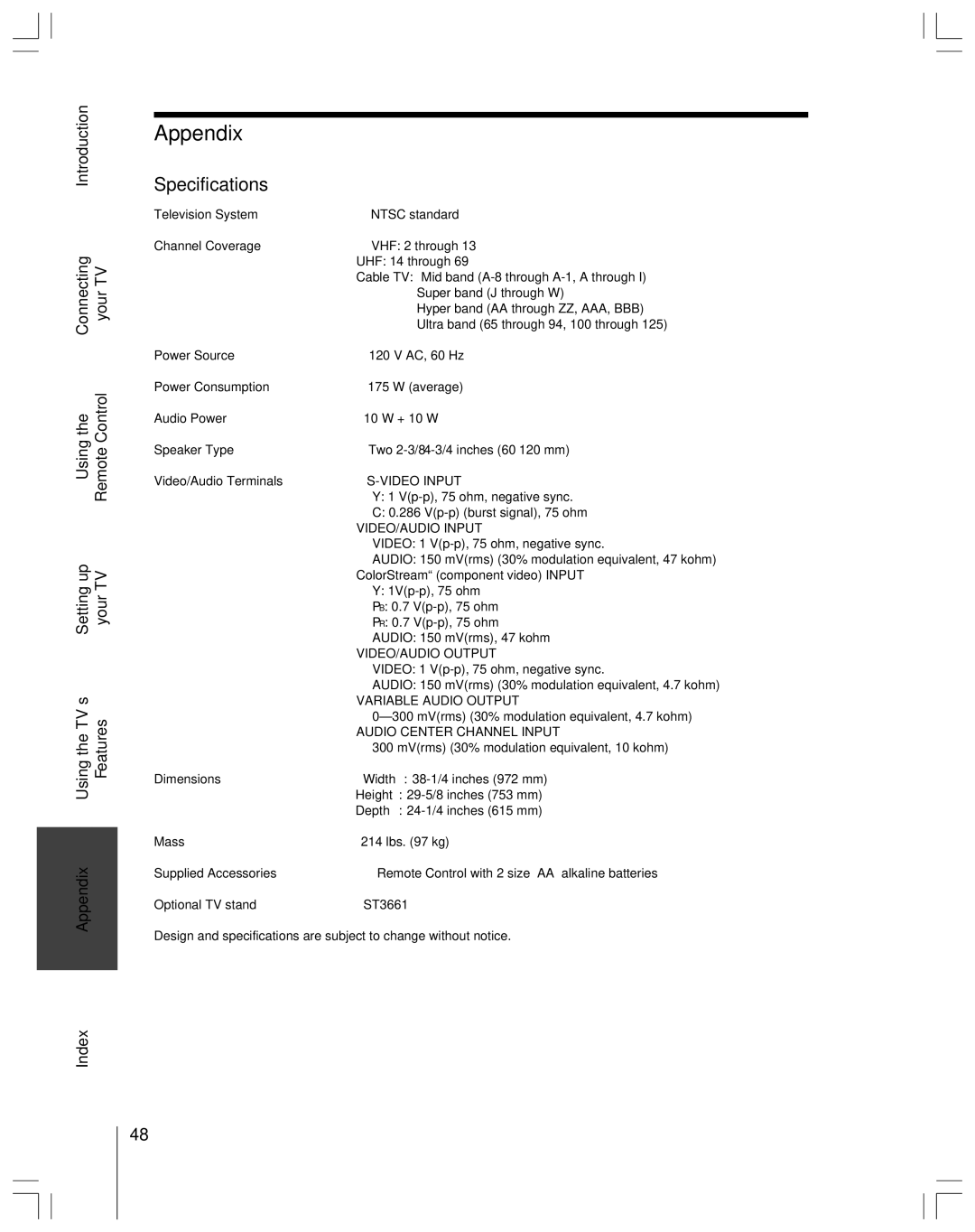 Toshiba 36HF12 owner manual Appendix, Specifications 