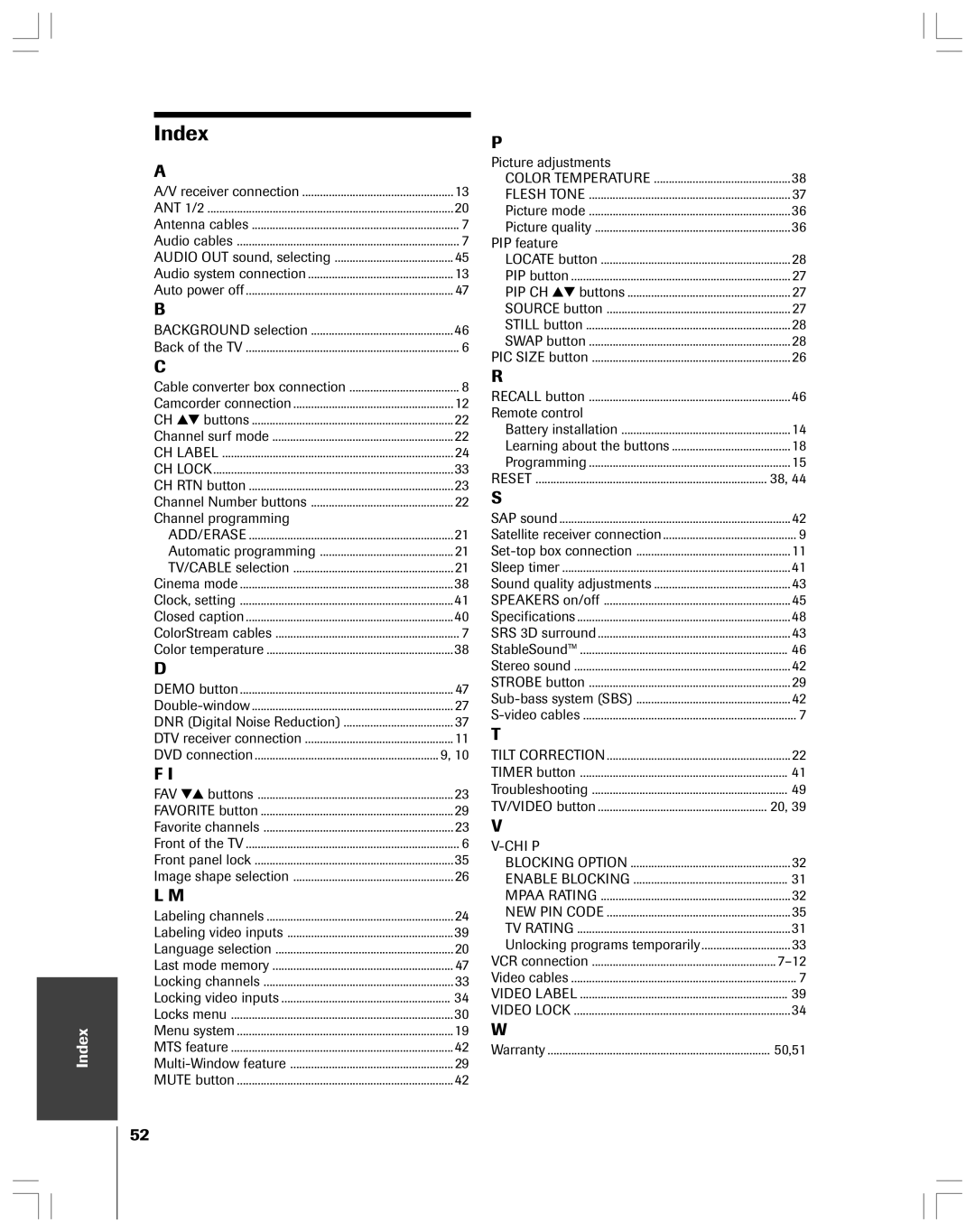 Toshiba 36HF12 owner manual Index, Channel programming 