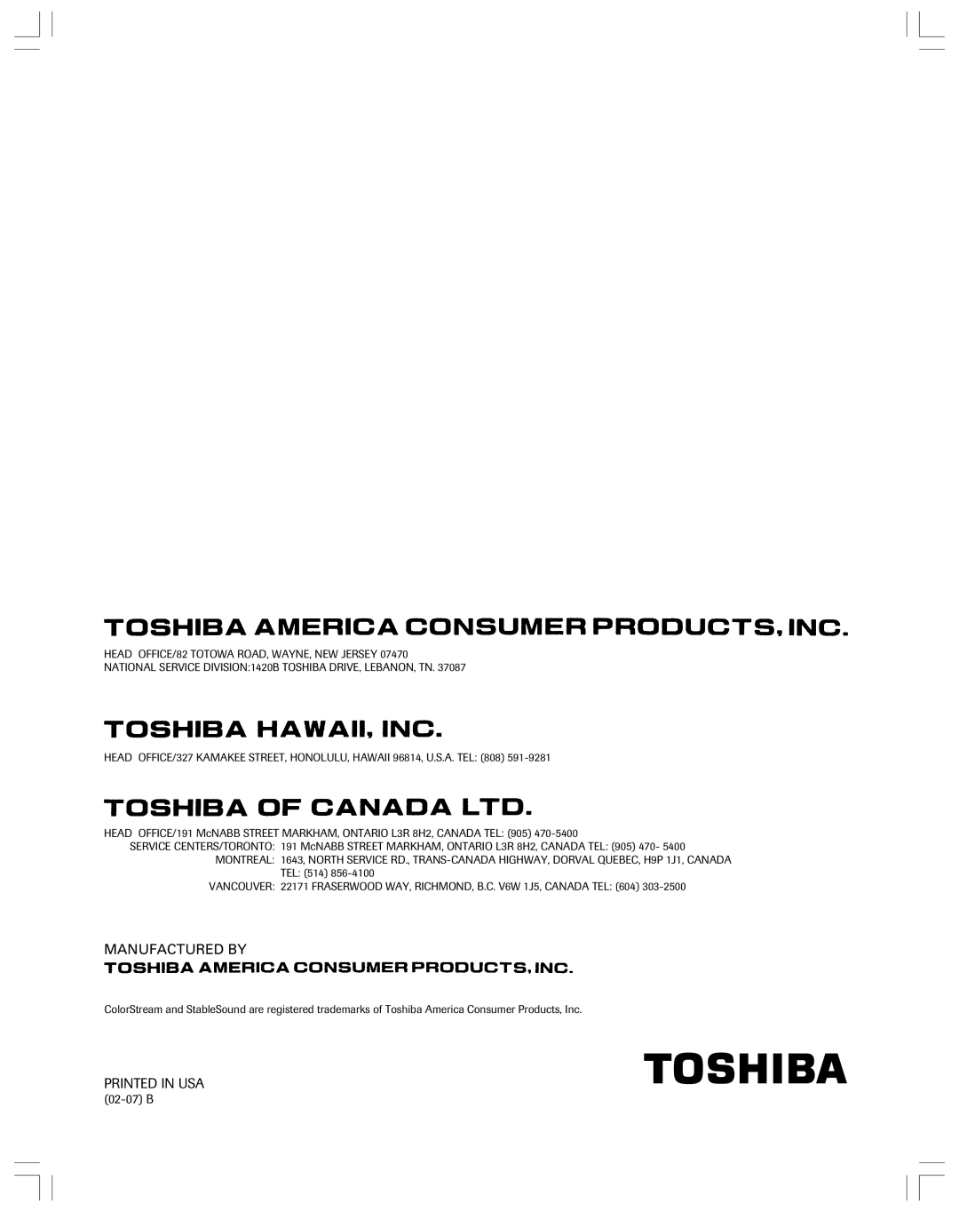 Toshiba 36HF12 owner manual Manufactured by 