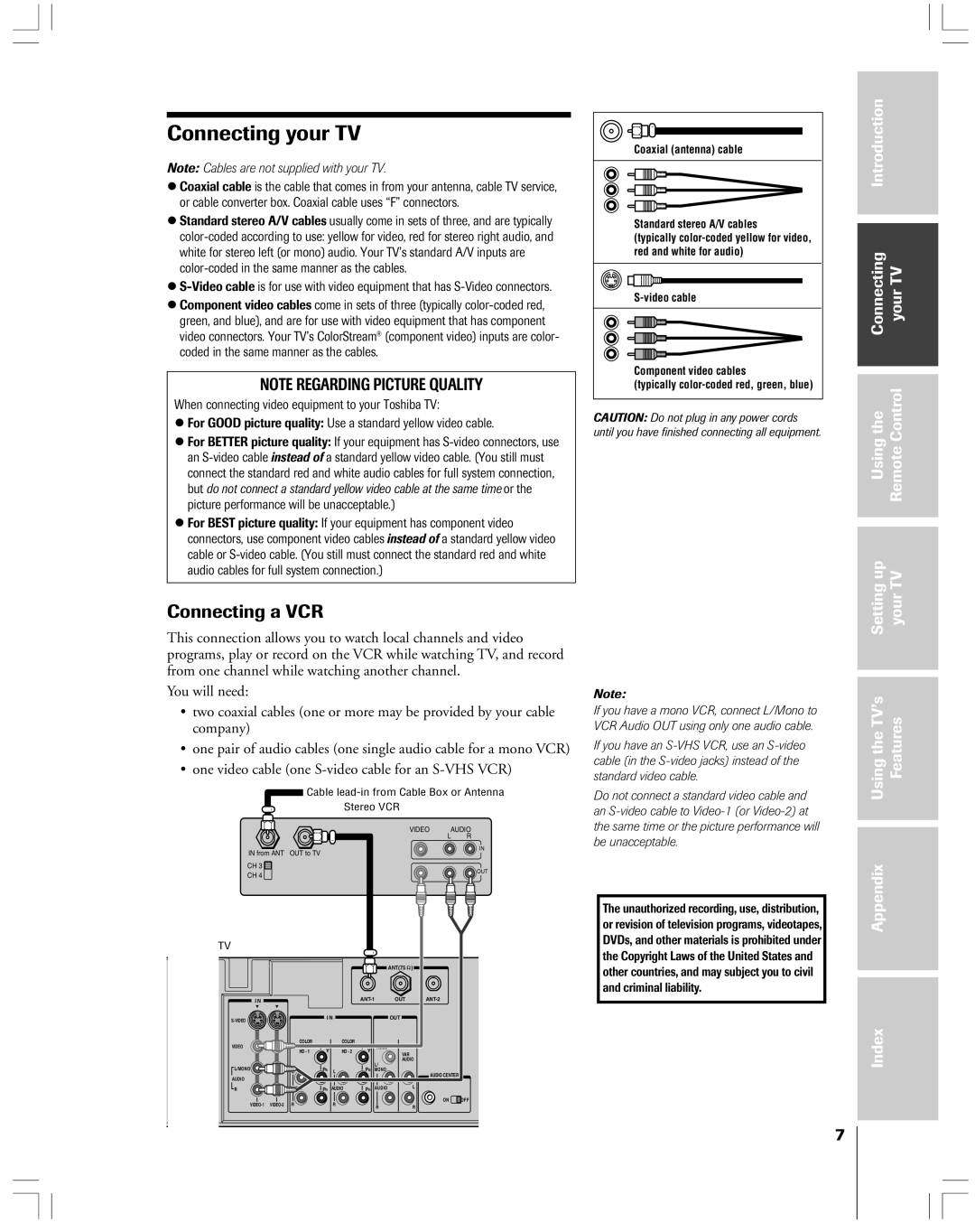 Toshiba 36HF12 owner manual Connecting your TV, Connecting a VCR 