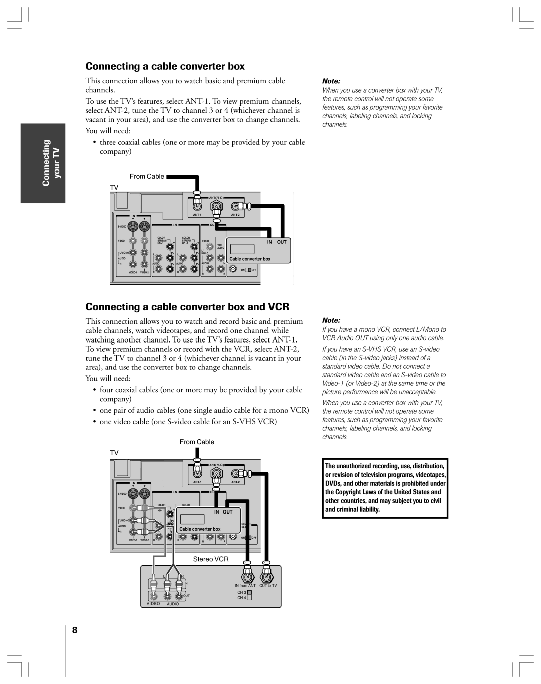 Toshiba 36HF12 owner manual Connecting a cable converter box and VCR, Connecting your TV, From Cable 