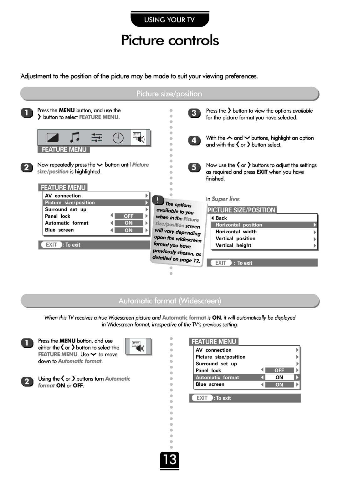 Toshiba 32ZP18Q Picture controls, Picture size/position, Automatic format Widescreen, Feature Menu, Picture SIZE/POSITION 