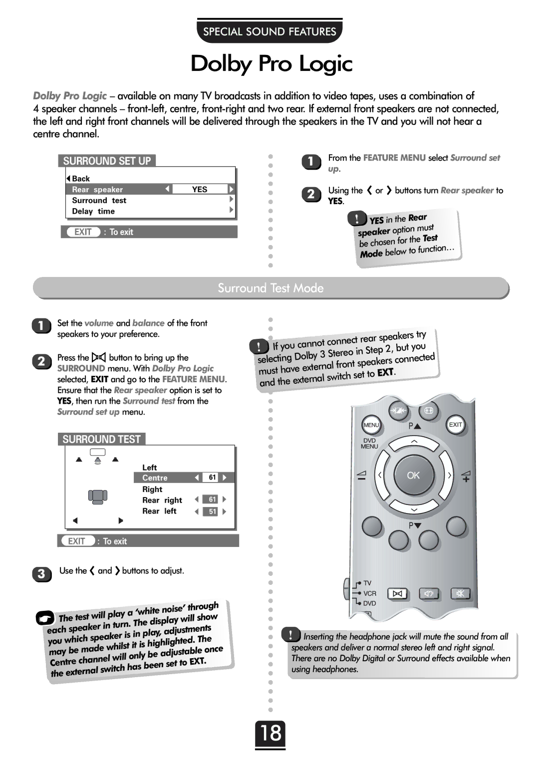 Toshiba 36ZP18Q, 32ZP18Q owner manual Dolby Pro Logic, Surround Test Mode, Rear Option Must, For the Test, Below To function 