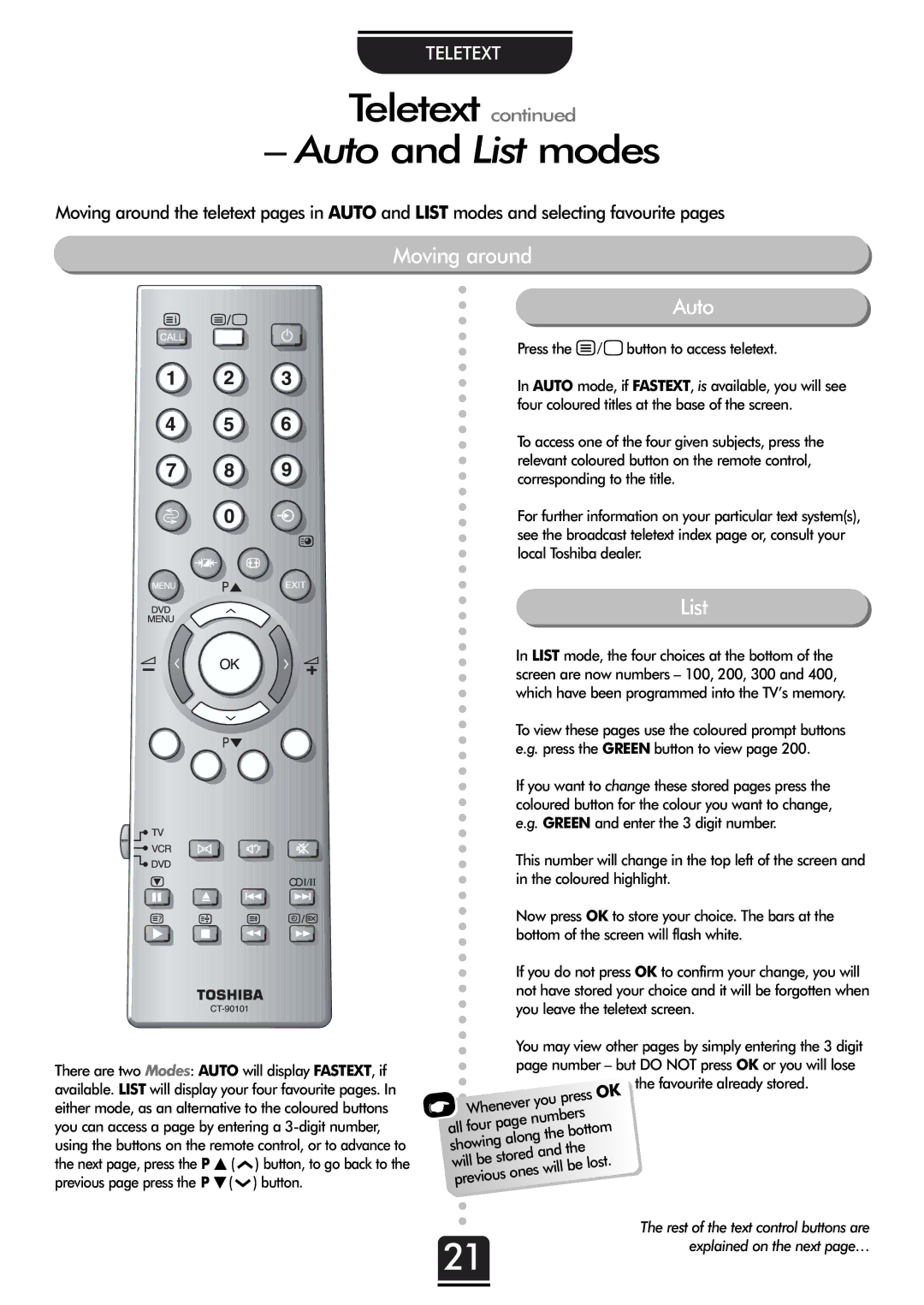 Toshiba 32ZP18Q Teletext, Moving around Auto, List, Rest of the text control buttons are, Explained on the next page… 