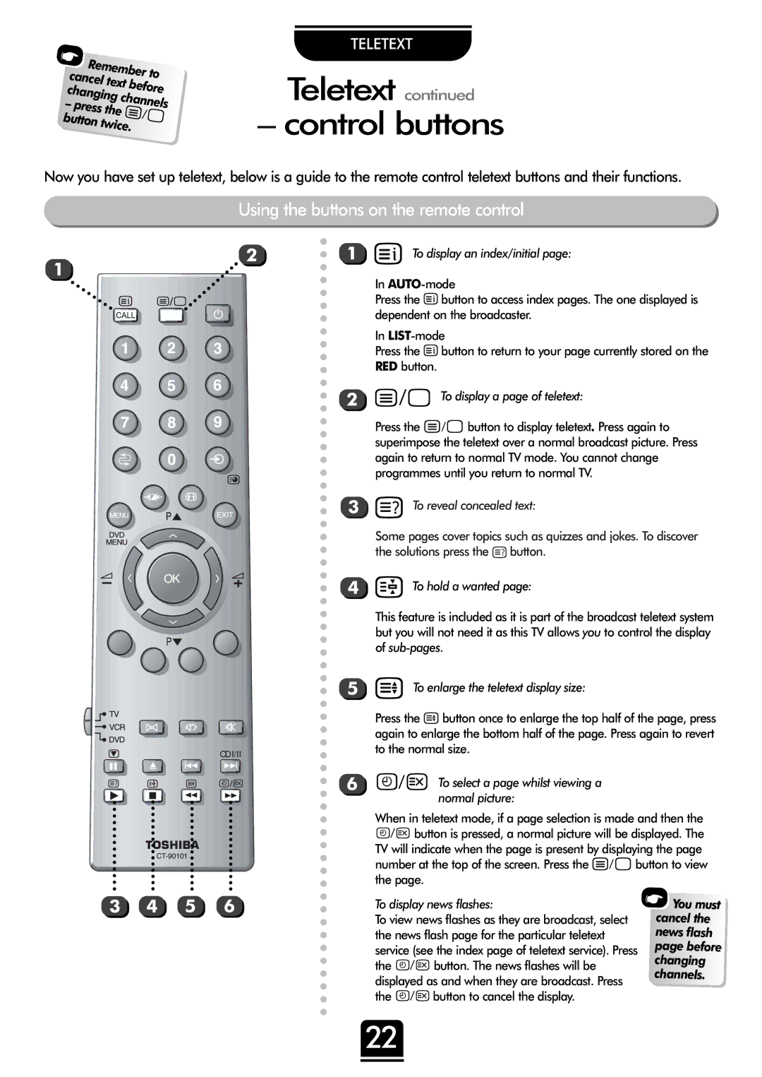 Toshiba 36ZP18Q, 32ZP18Q owner manual Teletext Control buttons, Using the buttons on the remote control 