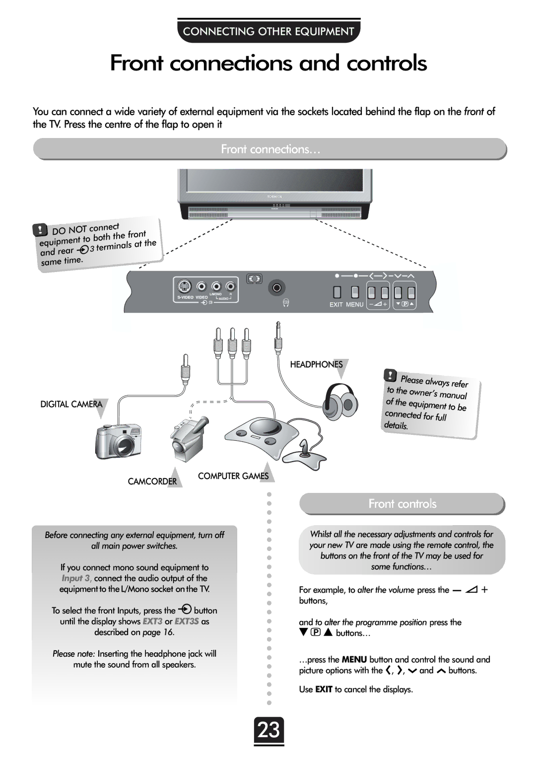 Toshiba 32ZP18Q, 36ZP18Q owner manual Front connections and controls, Front connections…, Front controls, Please 