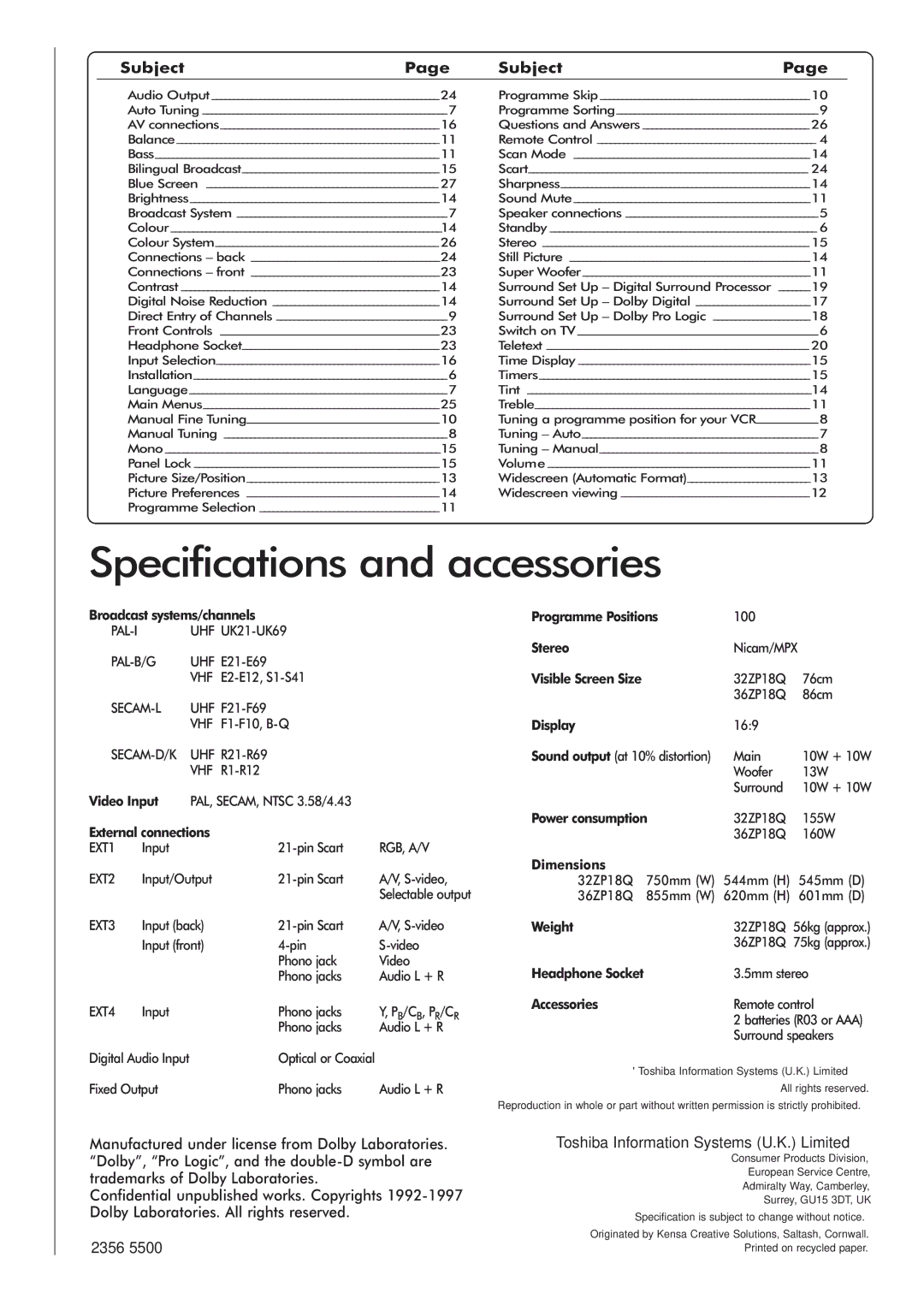 Toshiba 36ZP18Q, 32ZP18Q owner manual Subject 