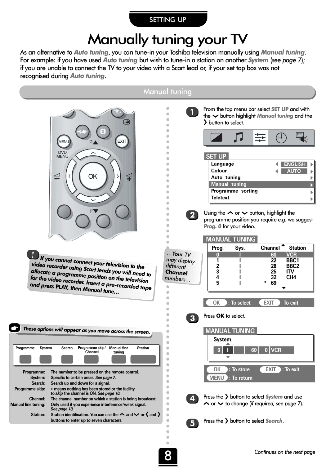 Toshiba 36ZP18Q, 32ZP18Q owner manual Manually tuning your TV, Manual tuning, Or Q to change if required, see 