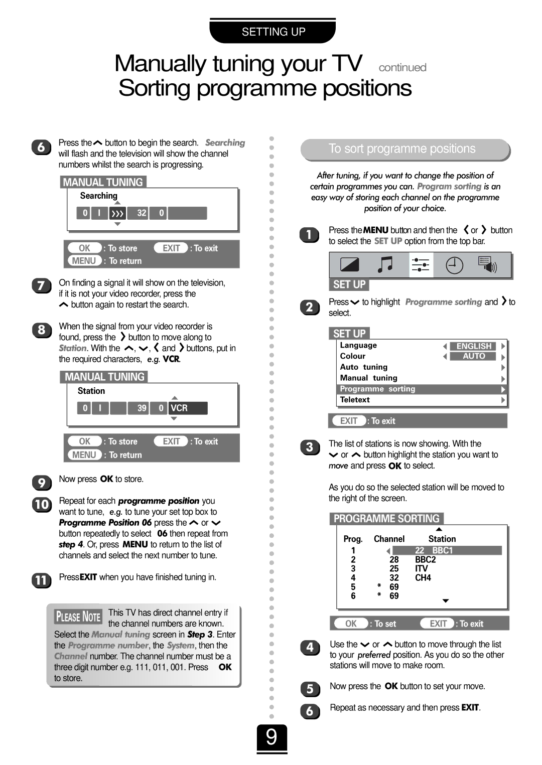 Toshiba 32ZP18Q Manually tuning your TV Sorting programme positions, To sort programme positions, Programme Sorting 