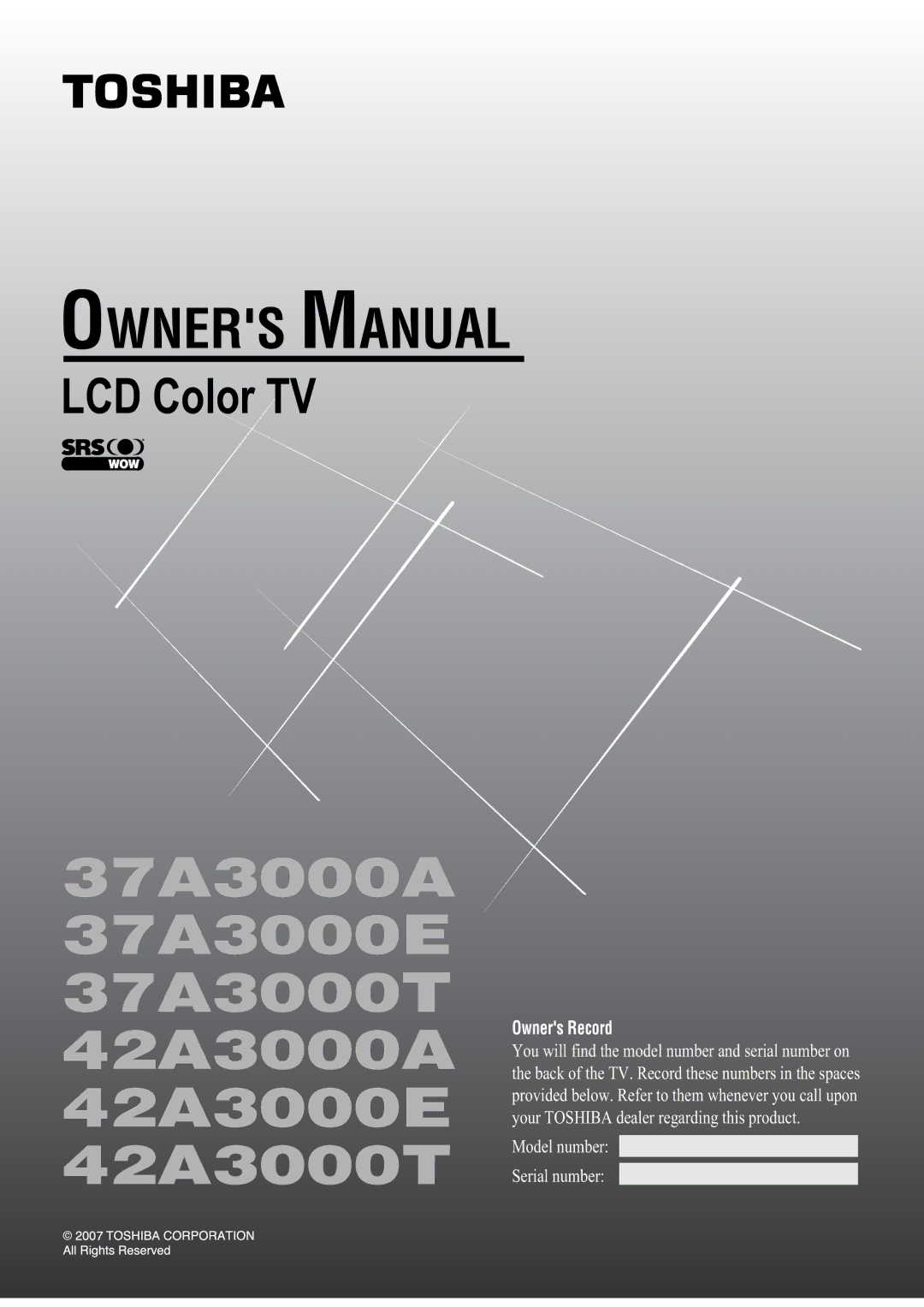 Toshiba owner manual 37A3000A 37A3000E 37A3000T 42A3000A 42A3000E 42A3000T 