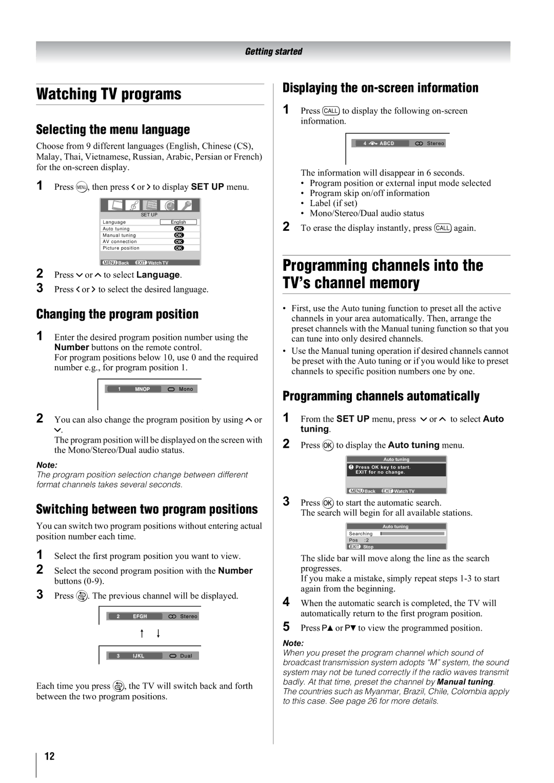 Toshiba 37A3000A, 37A3000E, 37A3000T, 42A3000E Watching TV programs, Programming channels into the TV’s channel memory 