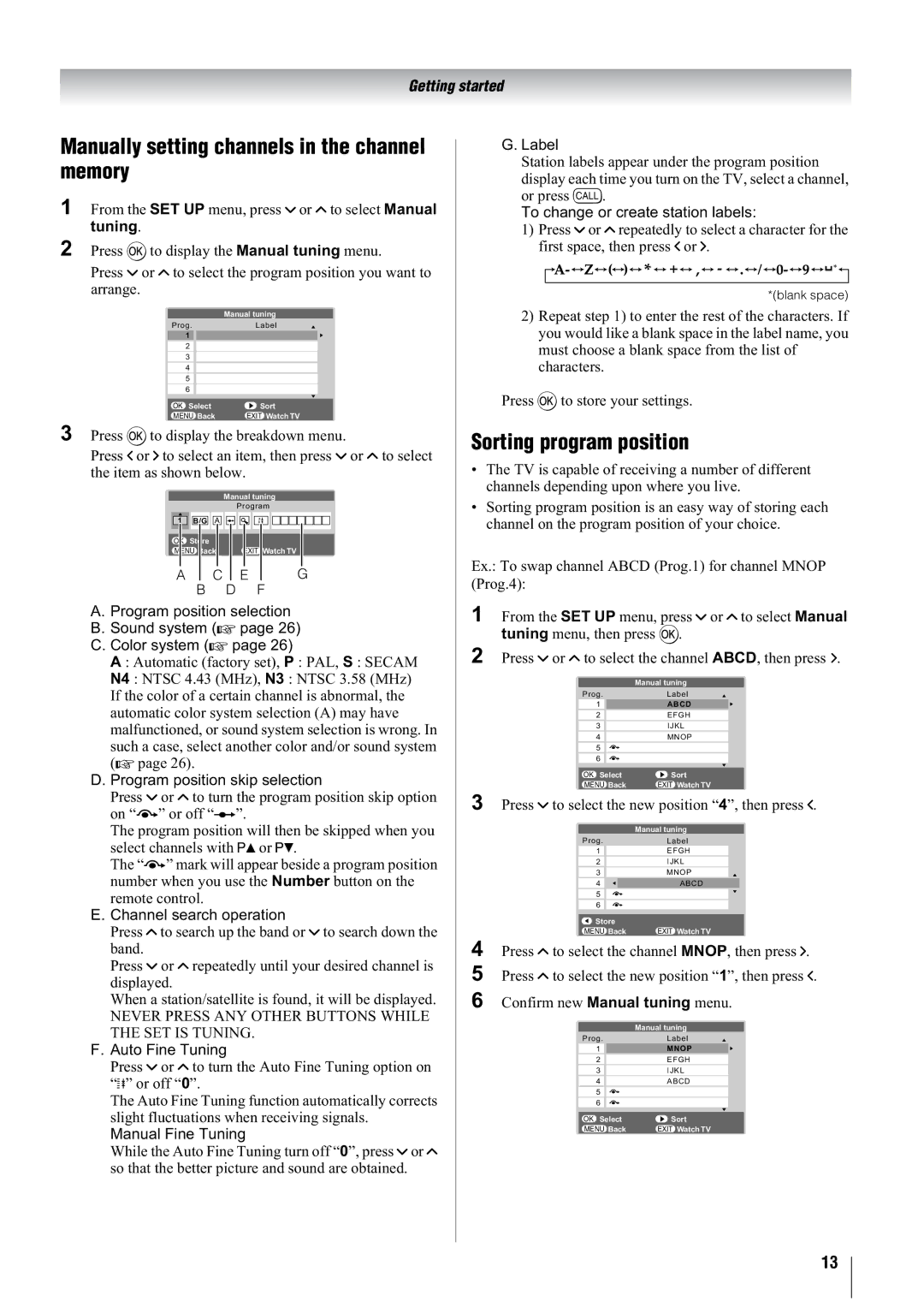 Toshiba 37A3000E, 37A3000A, 37A3000T, 42A3000E Manually setting channels in the channel memory, Sorting program position 