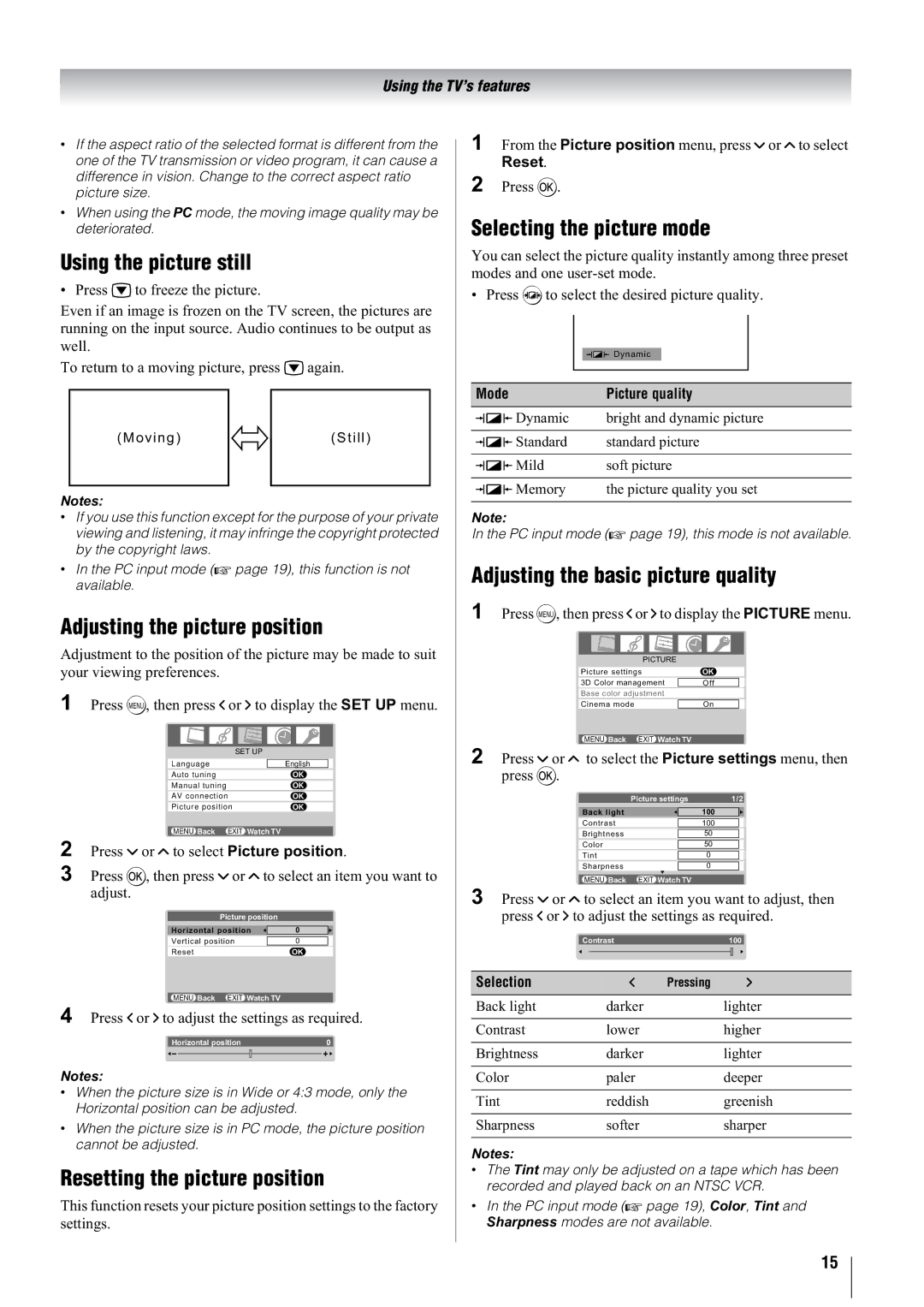 Toshiba 42A3000E, 37A3000A Using the picture still, Adjusting the picture position, Resetting the picture position 