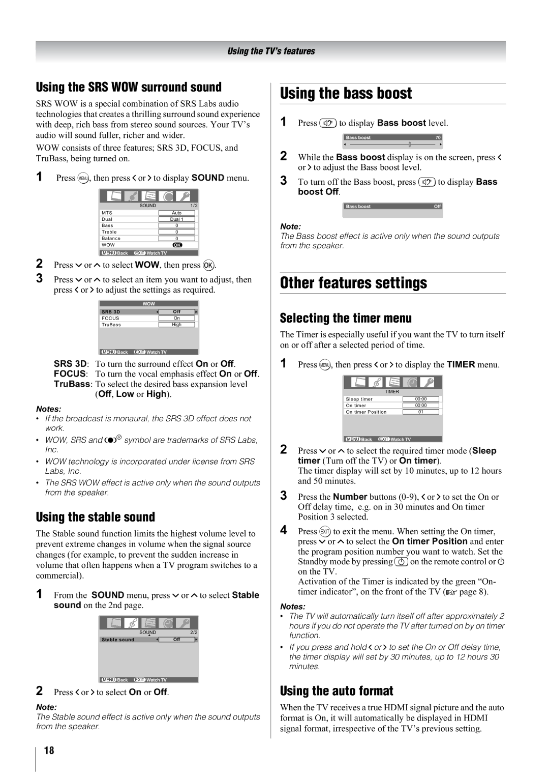 Toshiba 37A3000A, 37A3000E, 37A3000T, 42A3000E, 42A3000T, 42A3000A owner manual Using the bass boost, Other features settings 