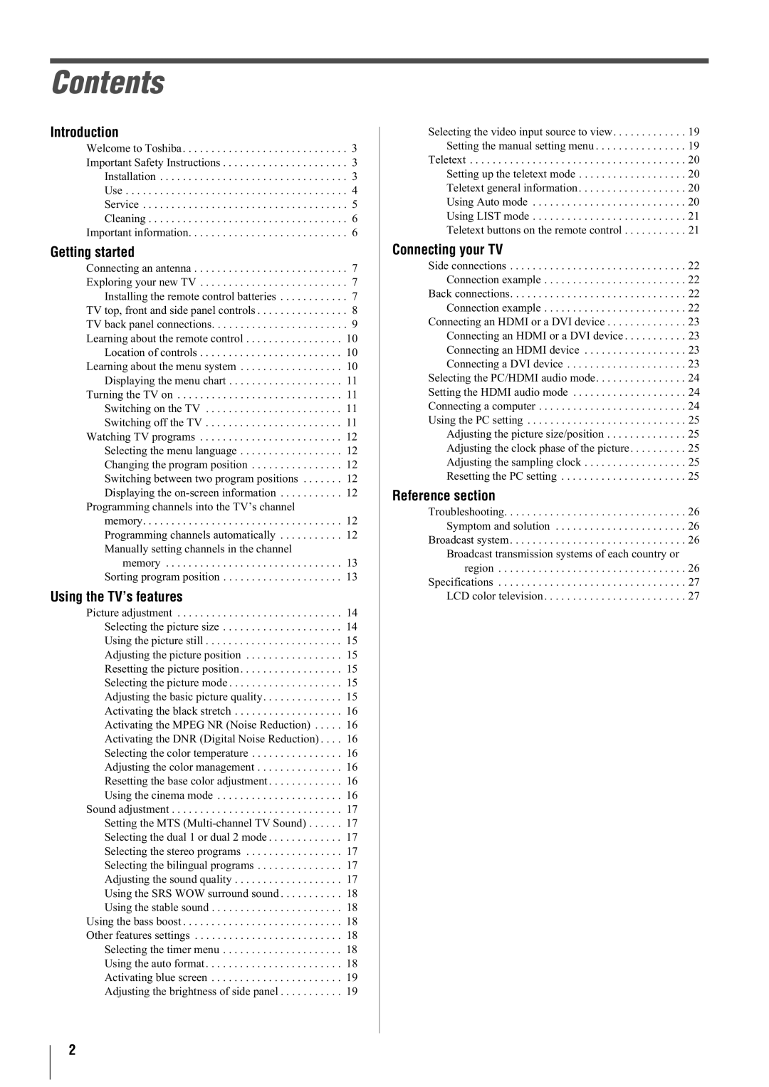 Toshiba 37A3000T, 37A3000A, 37A3000E, 42A3000E, 42A3000T, 42A3000A owner manual Contents 