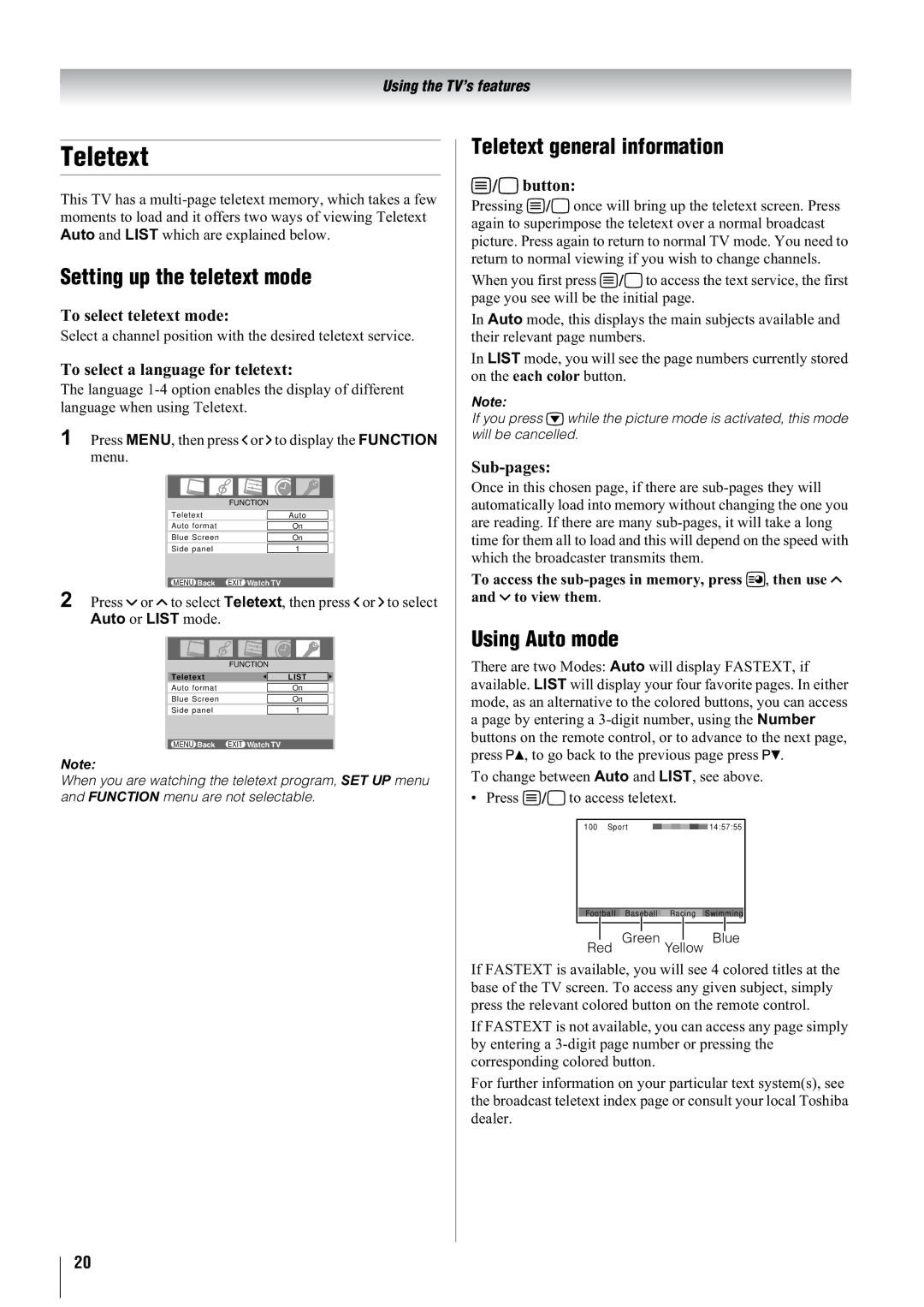 Toshiba 37A3000T, 37A3000A, 37A3000E Setting up the teletext mode, Teletext general information, Using Auto mode 