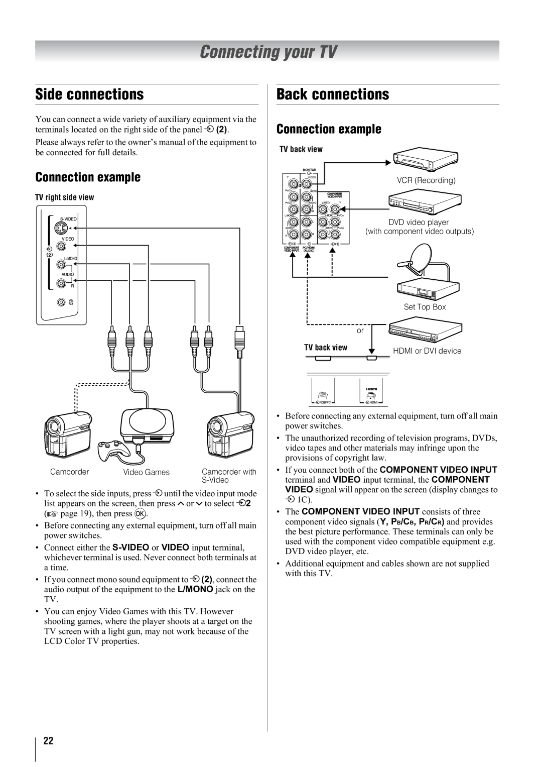 Toshiba 42A3000T, 37A3000A Connecting your TV, Side connections, Back connections, Connection example, TV right side view 