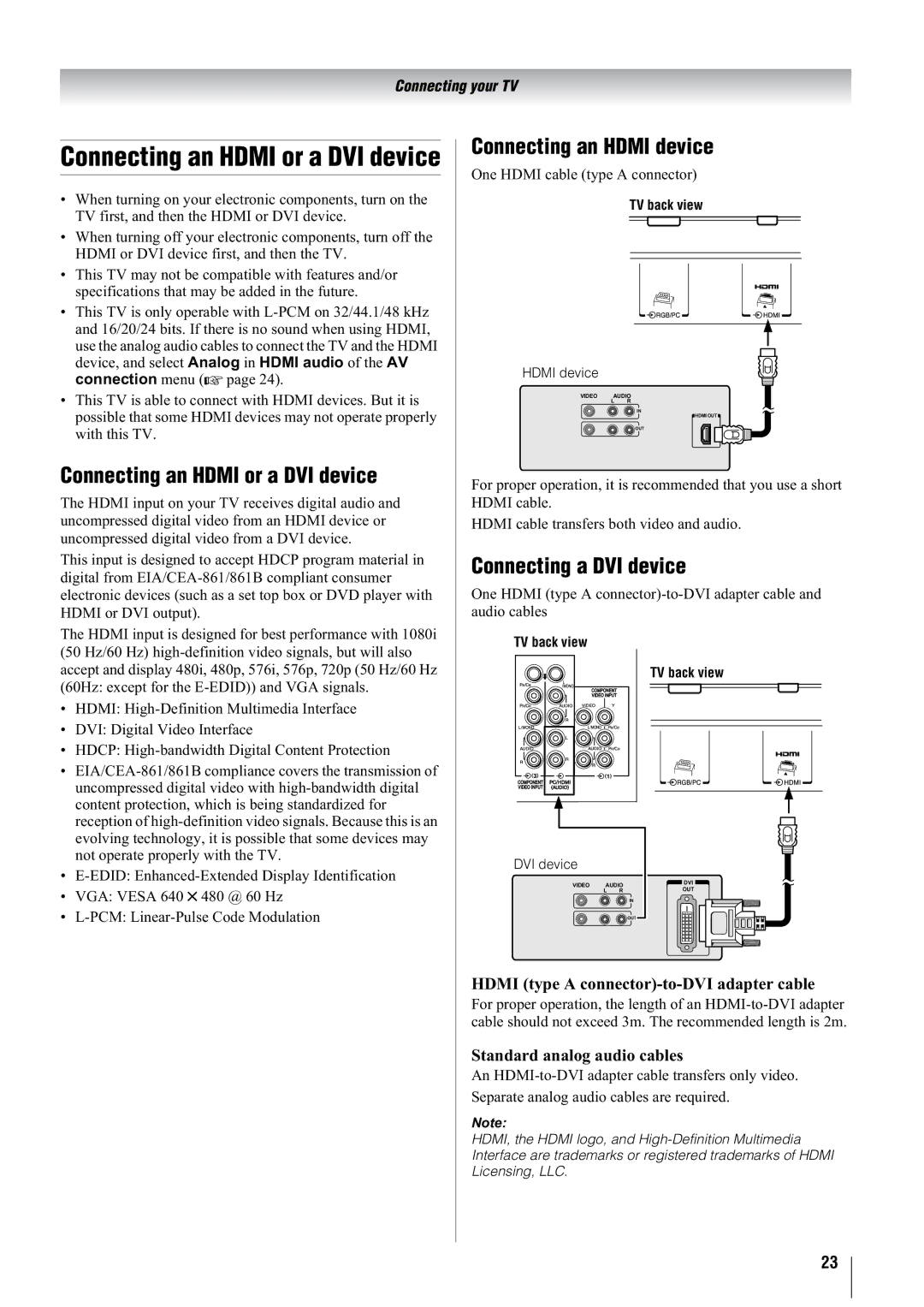 Toshiba 42A3000A, 37A3000A, 37A3000E Connecting an Hdmi or a DVI device, Connecting an Hdmi device, Connecting a DVI device 