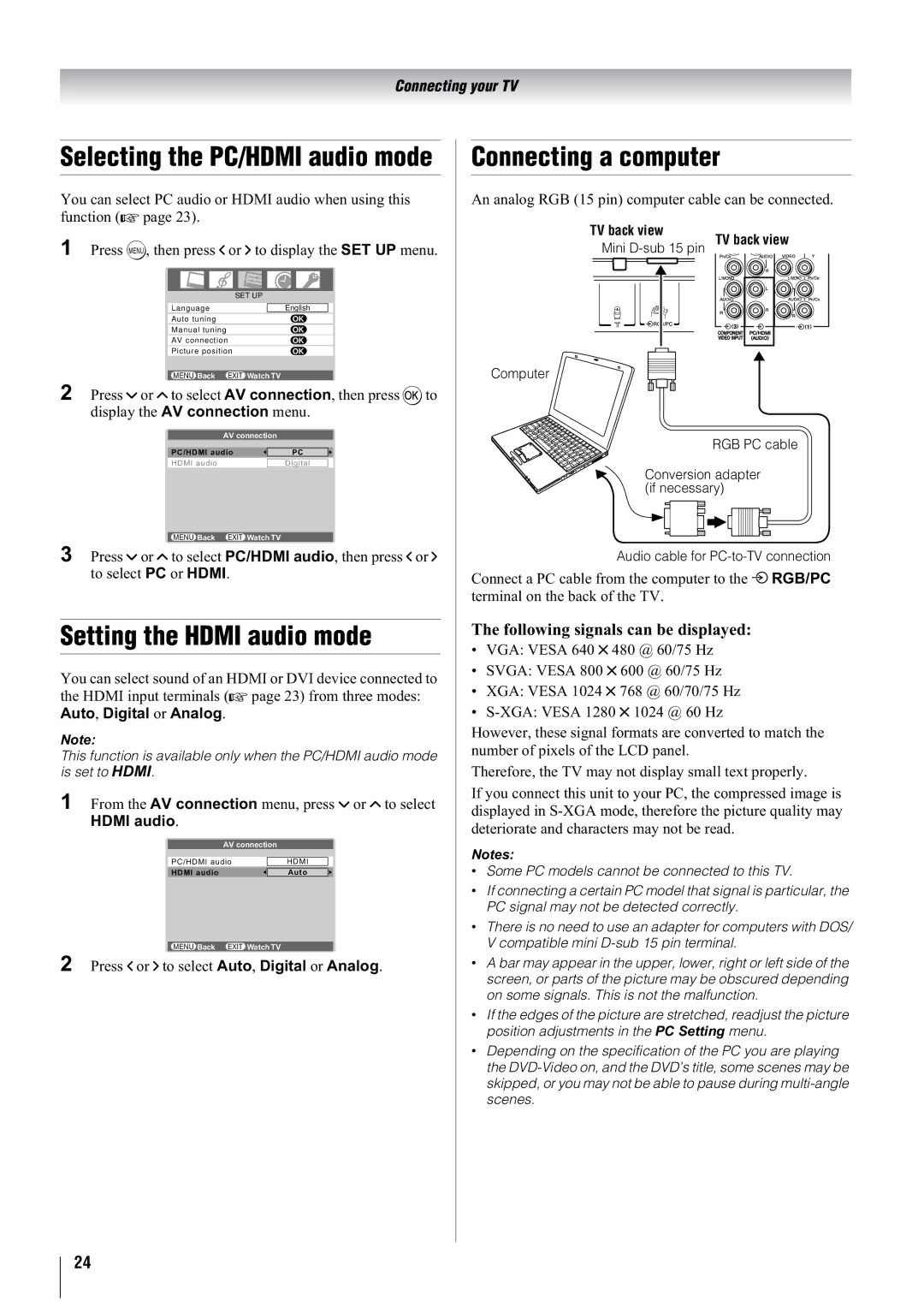 Toshiba 37A3000A, 37A3000E, 37A3000T Setting the Hdmi audio mode, Connecting a computer, Following signals can be displayed 