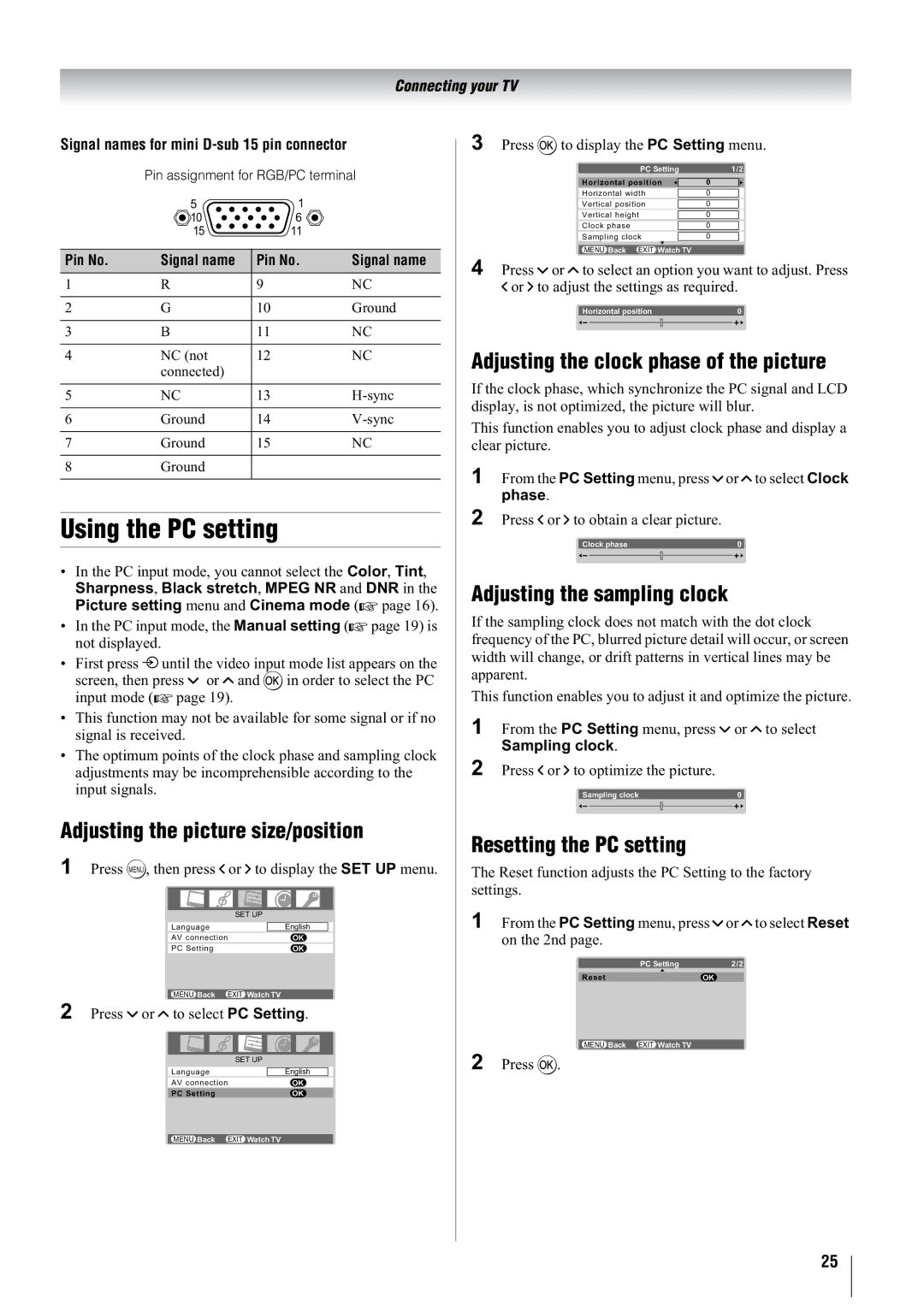 Toshiba 37A3000E Using the PC setting, Adjusting the picture size/position, Adjusting the clock phase of the picture 