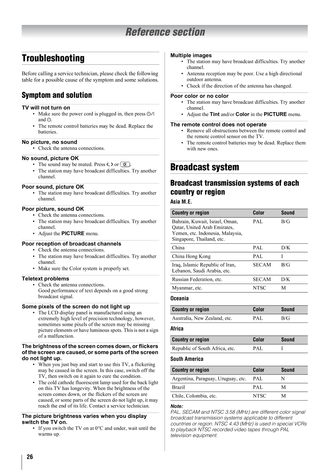 Toshiba 37A3000T, 37A3000A, 37A3000E, 42A3000E Reference section, Troubleshooting, Broadcast system, Symptom and solution 